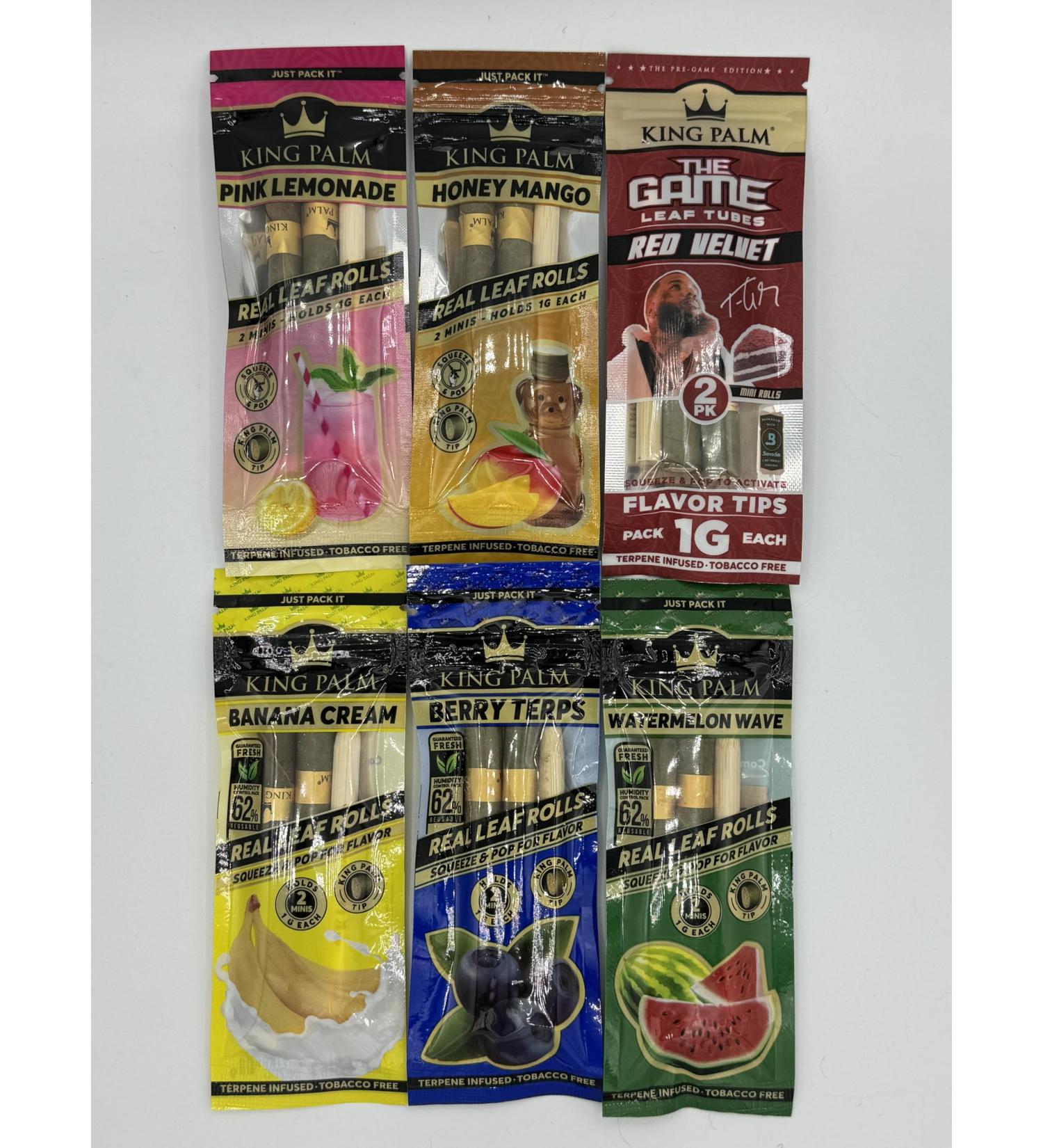 King Palm Mini Rolls Bundle with We Roll With It Tube(2 rolls per pack 12 total) Pink Lemonade Honey Mango Red Velvet Banana Cream Berry Watermelon