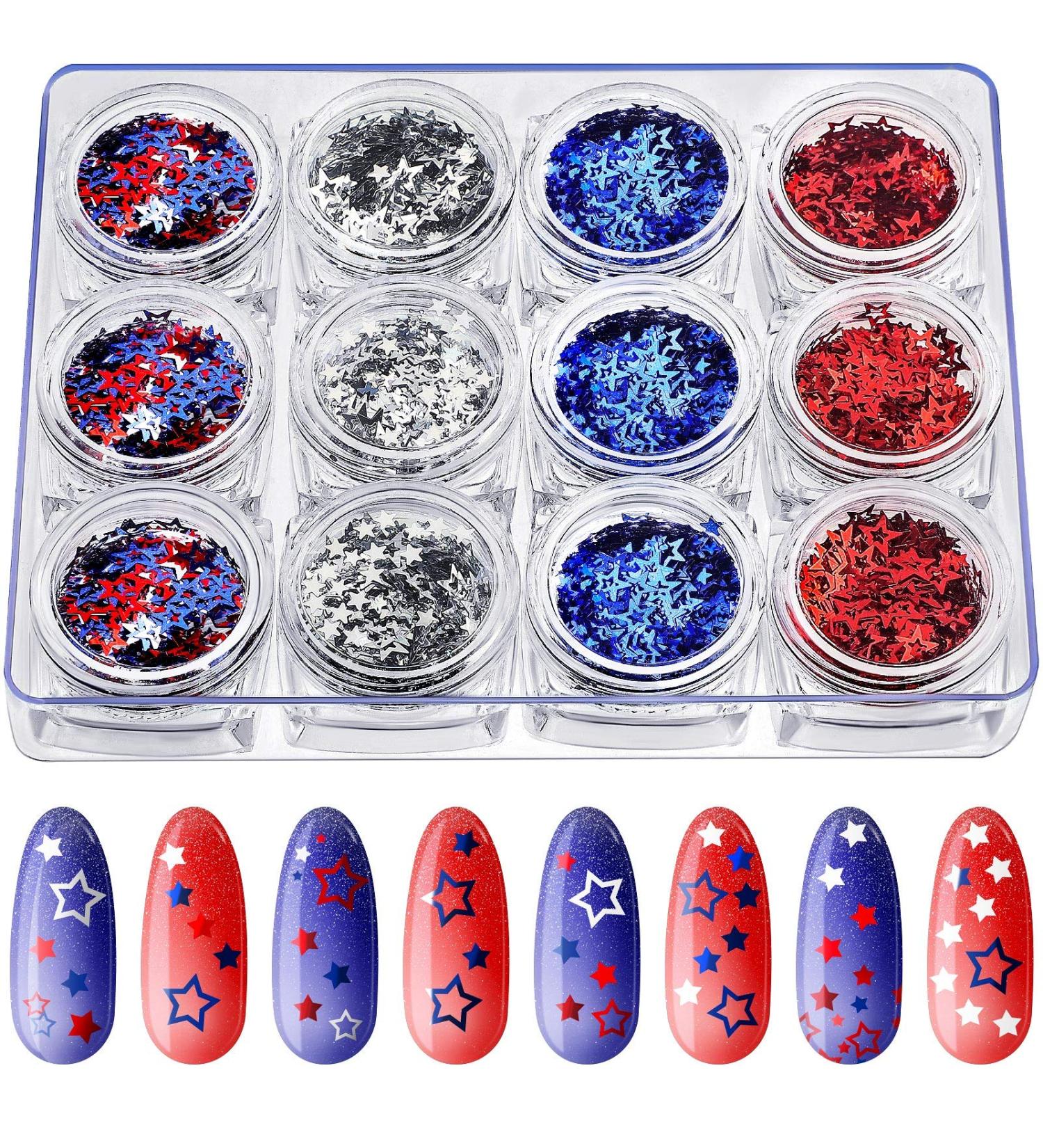 Independence Day Glitter Nail Art Decals - 12 Boxes Red, Blue, Silver Mixed Stars - 4th of July DIY Nail Art Sequins - Buy Online on GoSupps.com