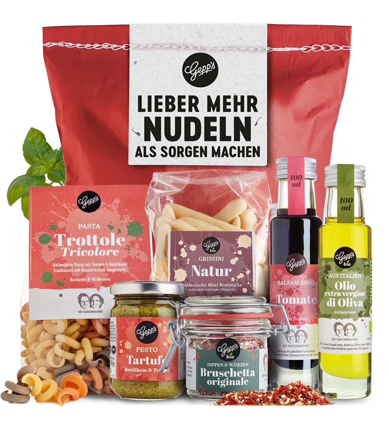 Gepp's Delicatessen Surprise Bag - Italian Noodles & Gourmet Delicacies | Funny Gift Idea | Pasta Pesto Limone & Bio Bruschetta Dip - Buy Online on GoSupps.com