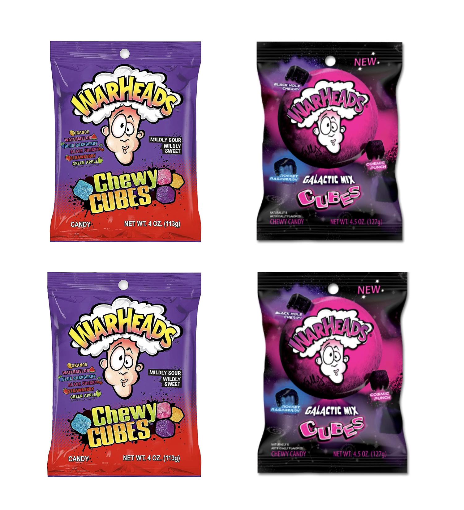 Warheads Cubes Bundle - 2 Bags Each of Warheads Sour Cubes and Warheads Galactic Mix Cubes