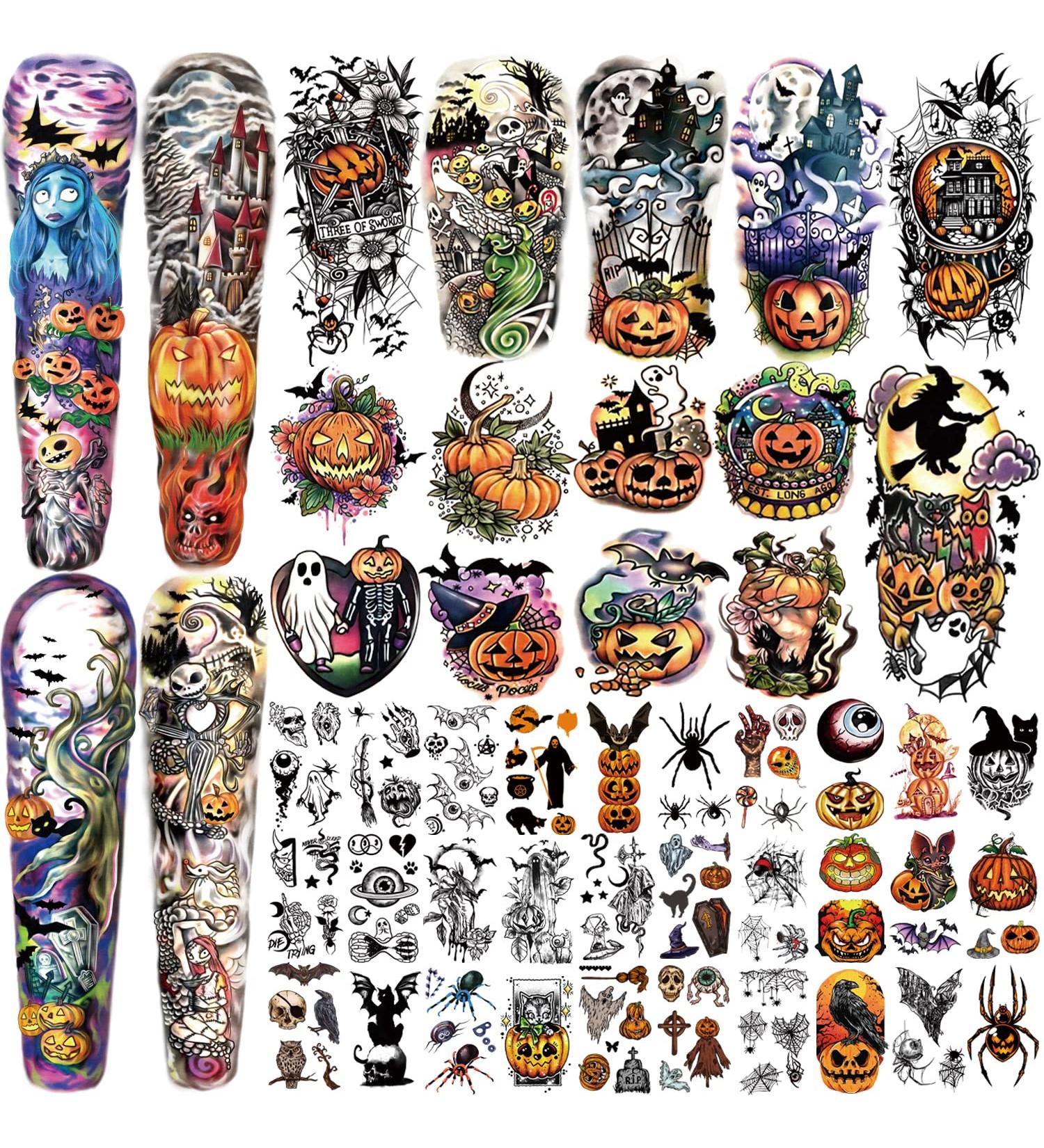 Halloween Full Arm Temporary Tattoos - Pumpkin & Spider Design | 44 Sheets | Horror Theme Party Decorations - Buy Online on GoSupps.com