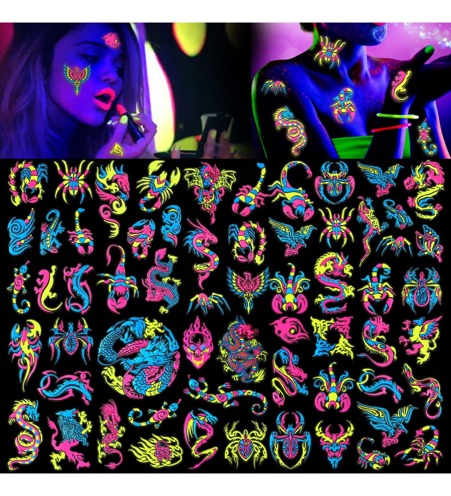 10 Sheets UV Neon Temporary Tattoos - Glow in the Dark Fake Tattoos for Rave Festival & Party Decorations - Buy Online on GoSupps.com