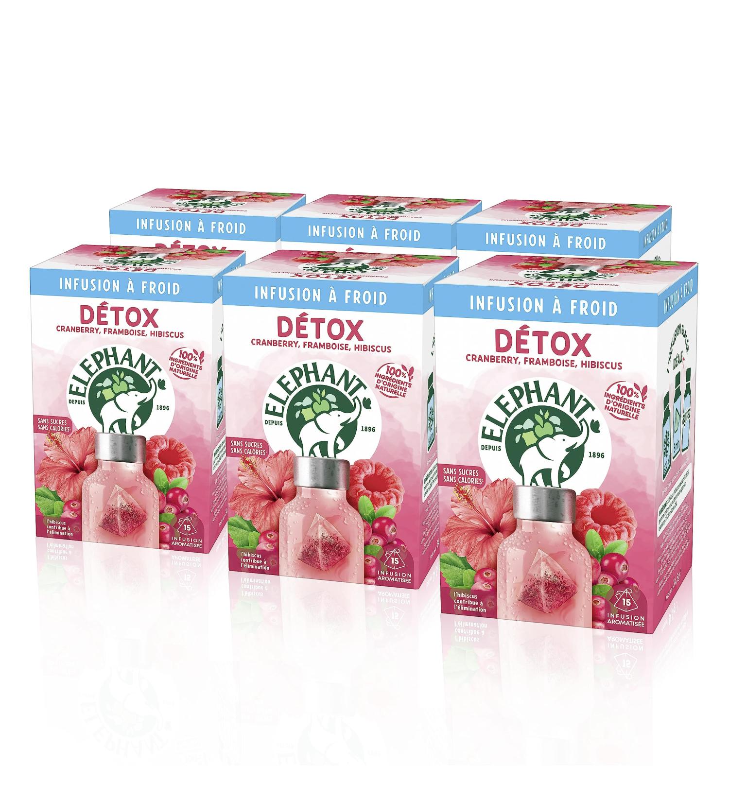 Elephant Infusion Froid Detox Eau Froide Aromatis e Parfums Naturels Cranberry Framboise Hibiscus Lot de 6 x 15 Sachets Individuels 90 Sachets Pyramid Hibiscus & Cramberry & Framboise 15 Sachets (Lot de 6) - Buy Online on GoSupps.com