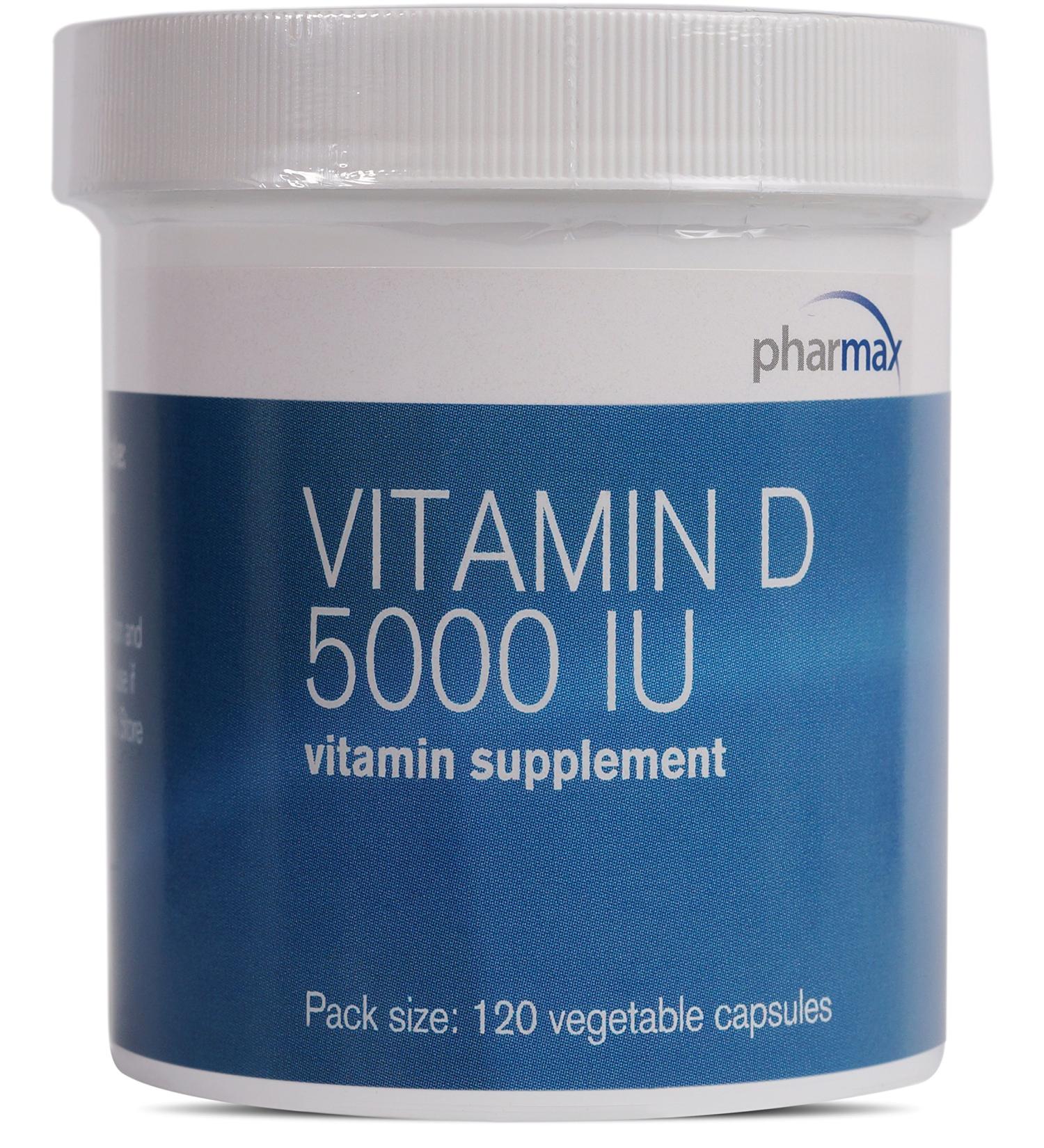 Pharmax Vitamin D 5000 IU | Promotes Bone Health & Mineral Absorption | 120 Capsules - Buy Online on GoSupps.com