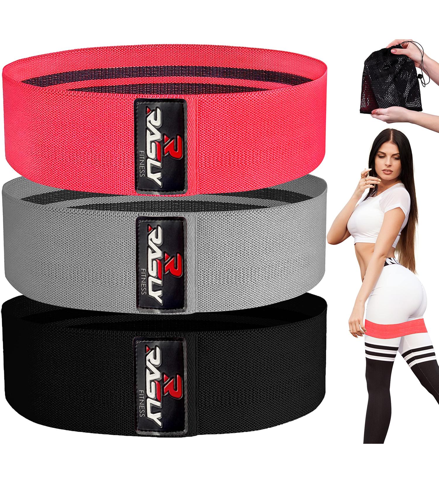 Kanzy Fabric Resistance Bands Set of 3 Exercise Bands for Working Out Non-Slip Booty Bands for Women Workout Bands with Carrying Mesh Bag for Training Squats Legs Butt Thighs and HIPS Glute Bands 15" Red Grey Black - Buy Online on GoSupps.com