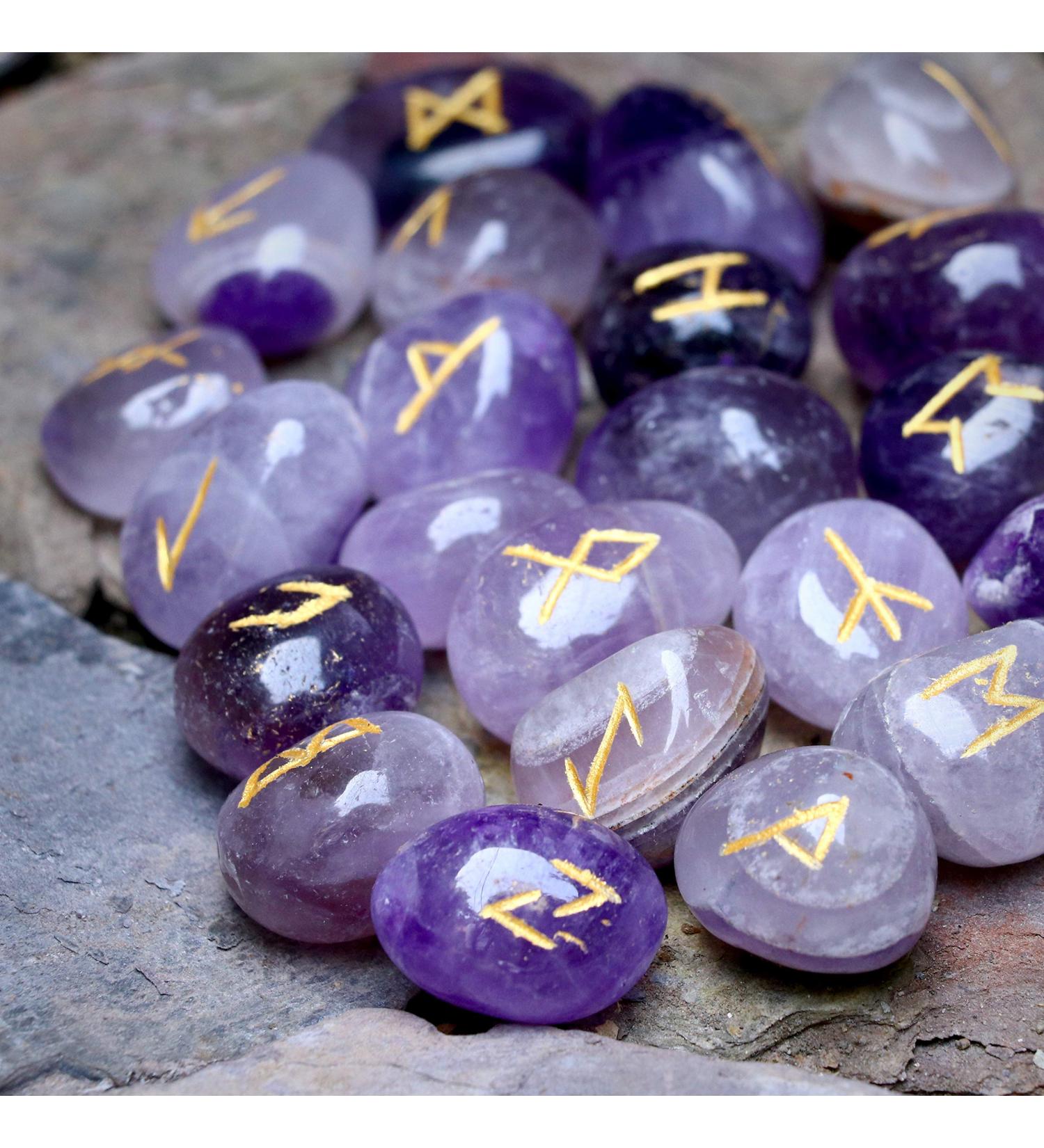 Crocon Amethyst Gemstone Rune Stones set with Elder Futhark Alphabet Engraved Symbol 25 pcs Set For Feng Shui Chakra Balancing Reiki Healing crystal runes stones set Size: 15-20 mm #001 Amethyst - Buy Online on GoSupps.com