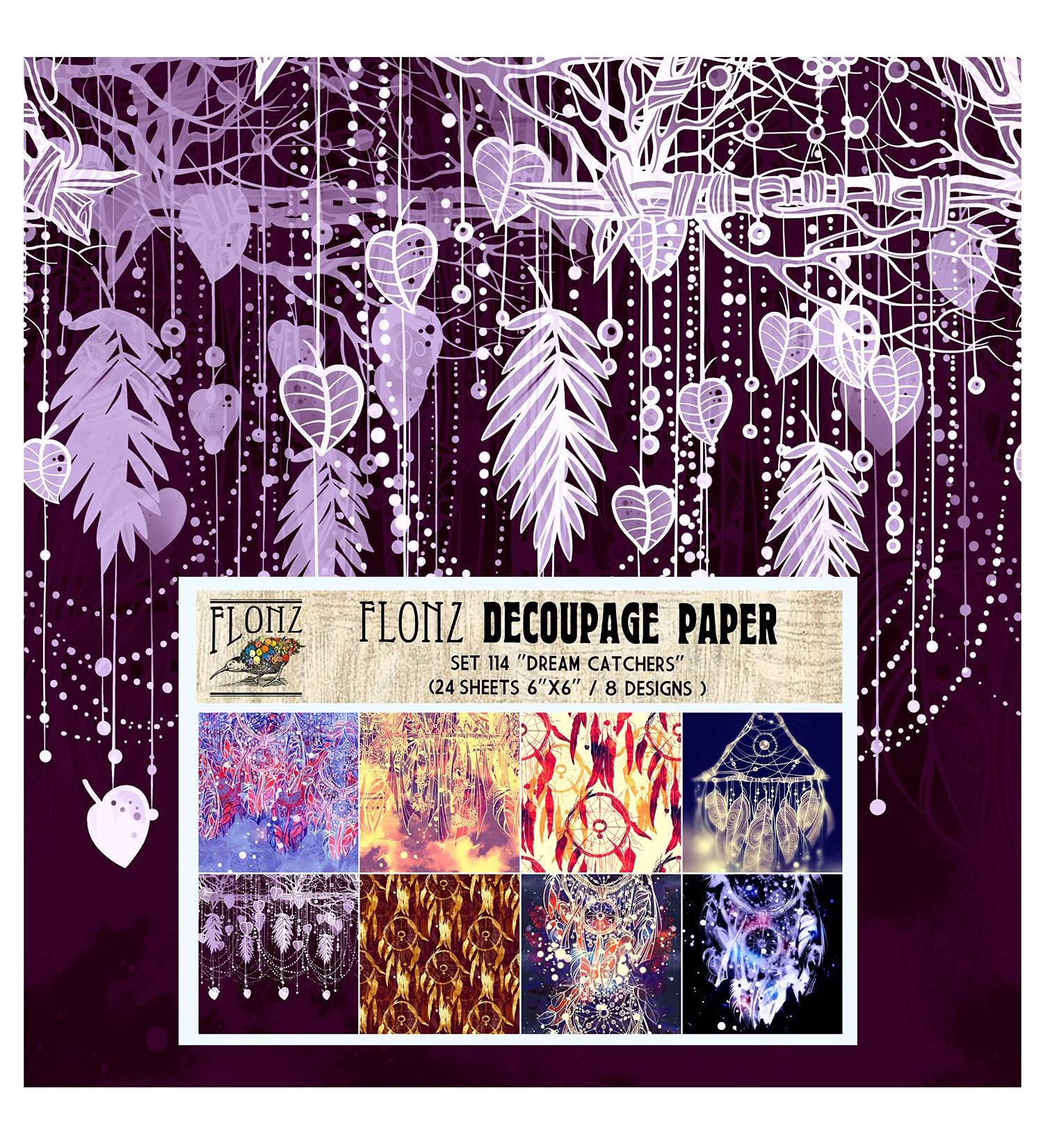 Decoupage Paper Pack (24 Sheets 6"x6") Dream Catchers and Boho FLONZ Vintage Styled Seamless Pattern Paper for Decoupage, Craft and Scrapbooking Two