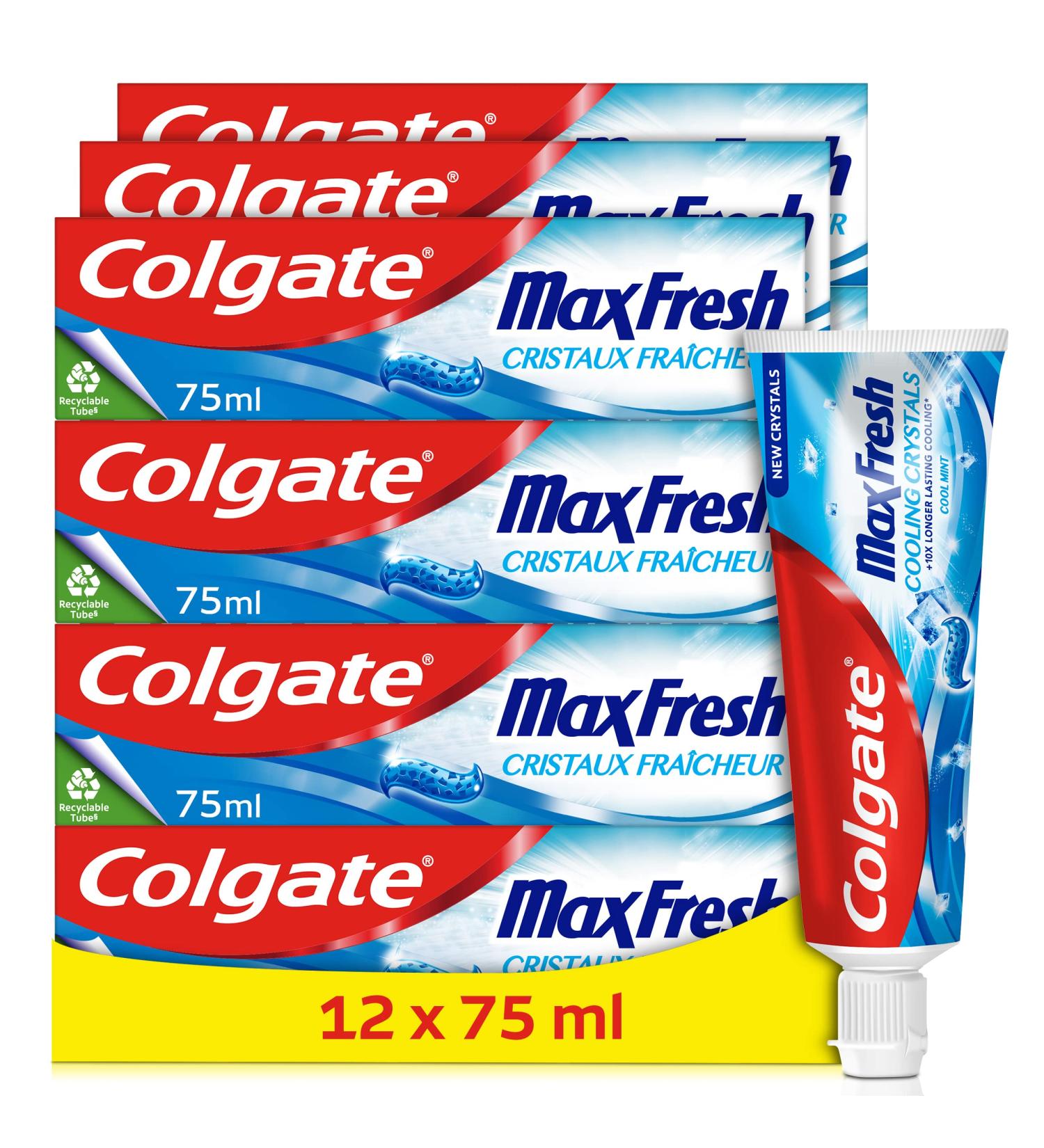 COLGATE - Colgate Max Fresh Crystal Toothpaste - Fresh Breath Toothpaste - Recyclable Tube - Pack of 12 75mL Toothpaste Tubes - Buy Online on GoSupps.com
