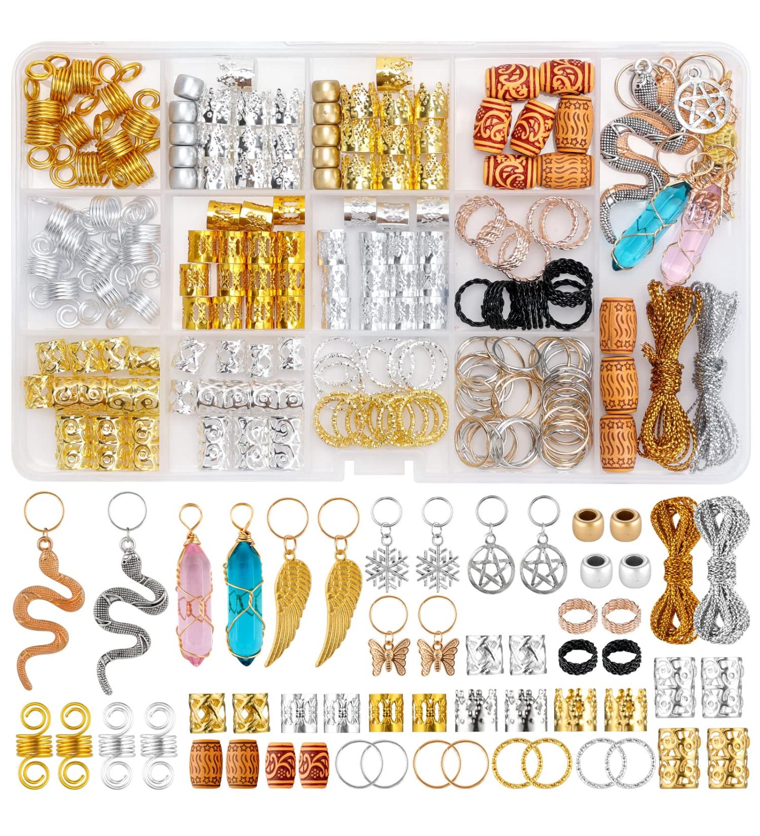 200Pcs Gem Crystal Hair Charms & Metal Coils Rings Set - Hair Beads Jewelry for Braids Decoration - Buy Online on GoSupps.com