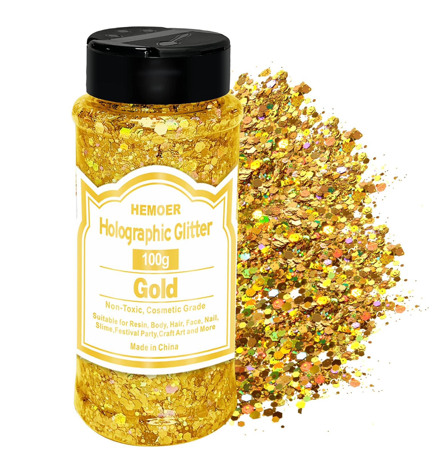 Hemoer Holographic Chunky Glitter 100g - Gold Craft Glitter for Resin Face Nail Body Slime & Festival Art - Buy Online on GoSupps.com