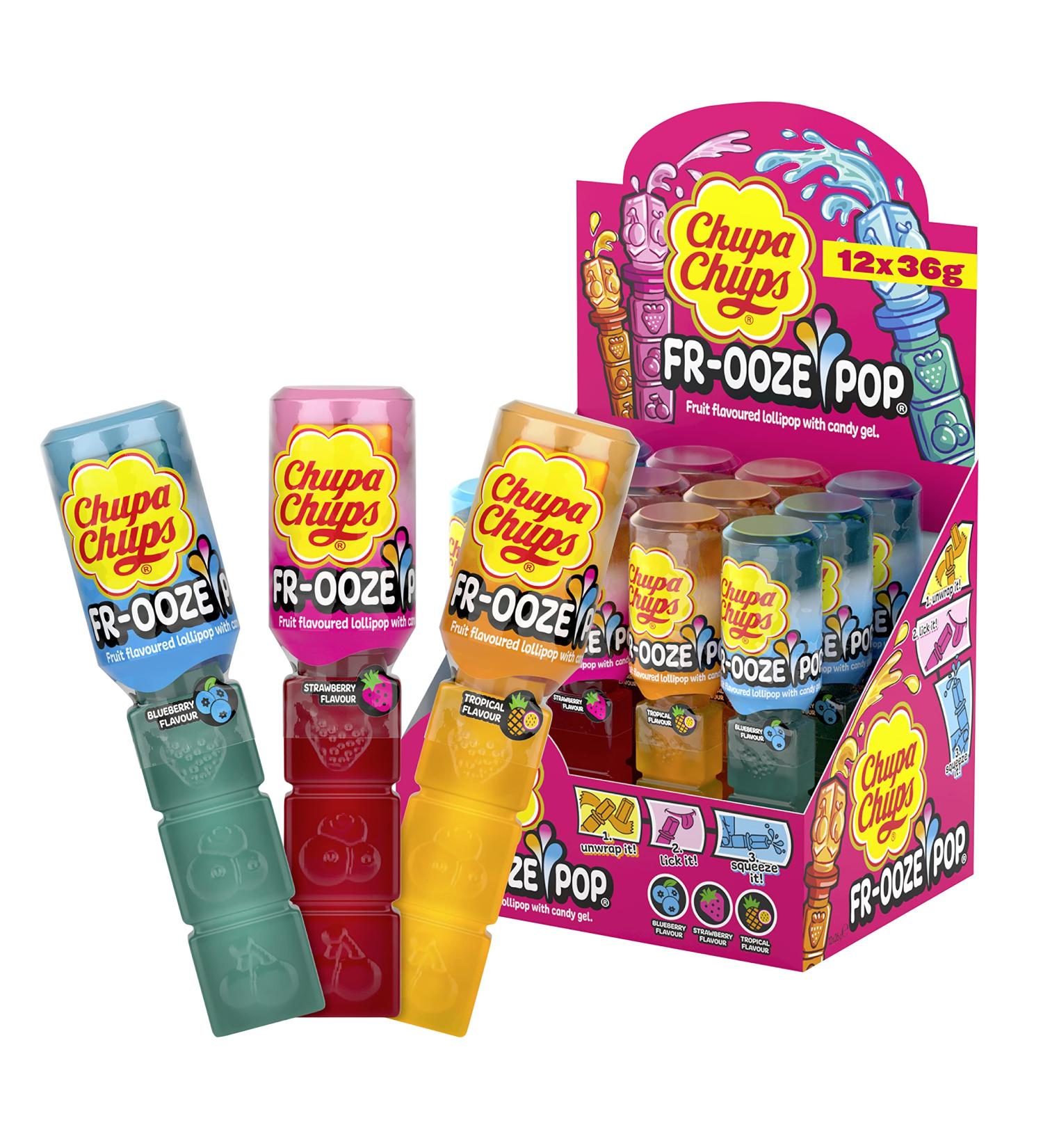 Chupa Chups Frooze Pops - 12 Lollipops with Candy Gel - Blueberry Strawberry & Tropical - International Shipping Available - Buy Online on GoSupps.com