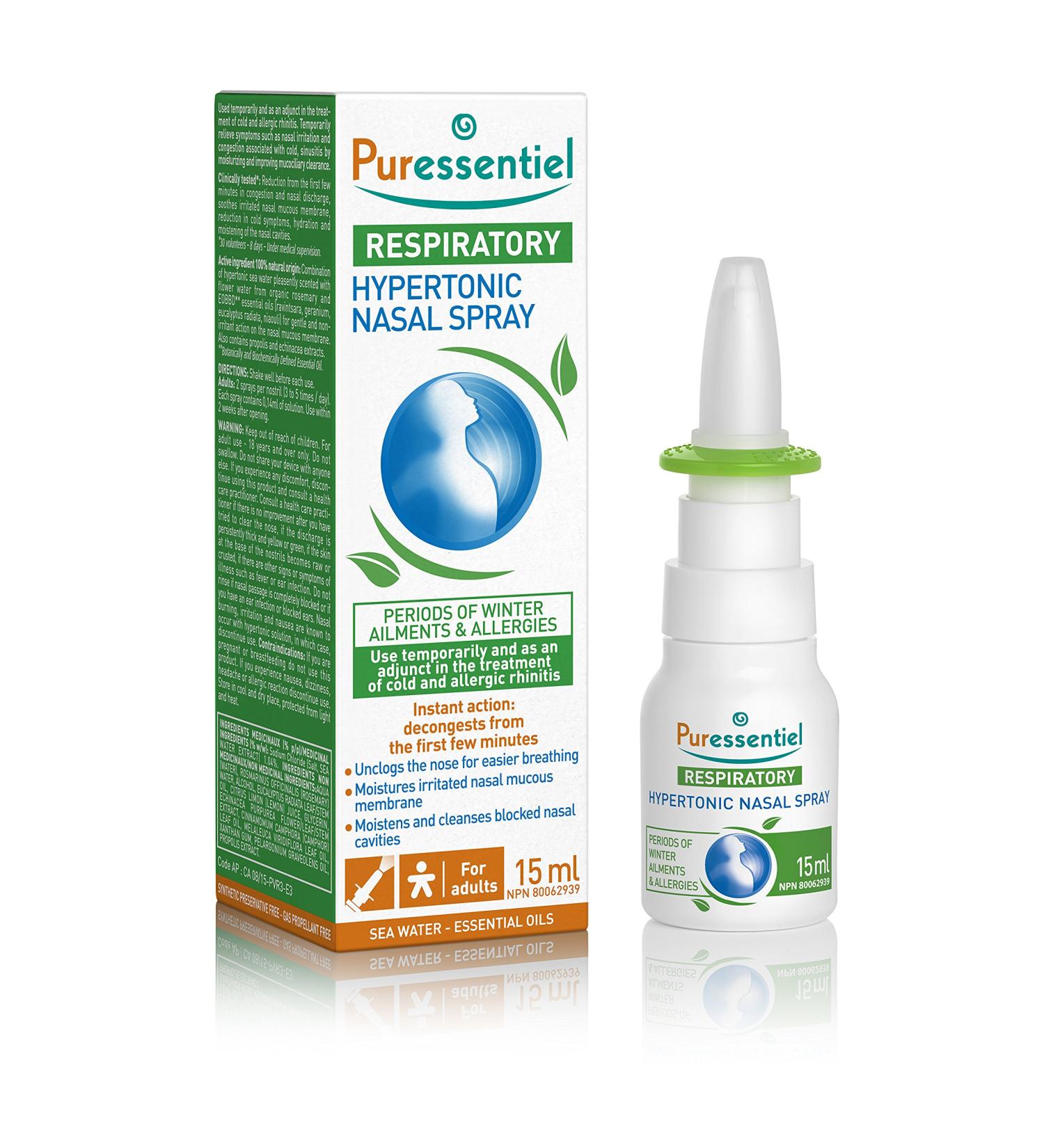 PURESSENTIEL - Respiratory Hypertonic Nasal Spray with 4 essential oils - Decongests the nose for easier breathing - Used to treat winter ailments and allergies - 100% from natural sources - 15ml - Buy Online on GoSupps.com