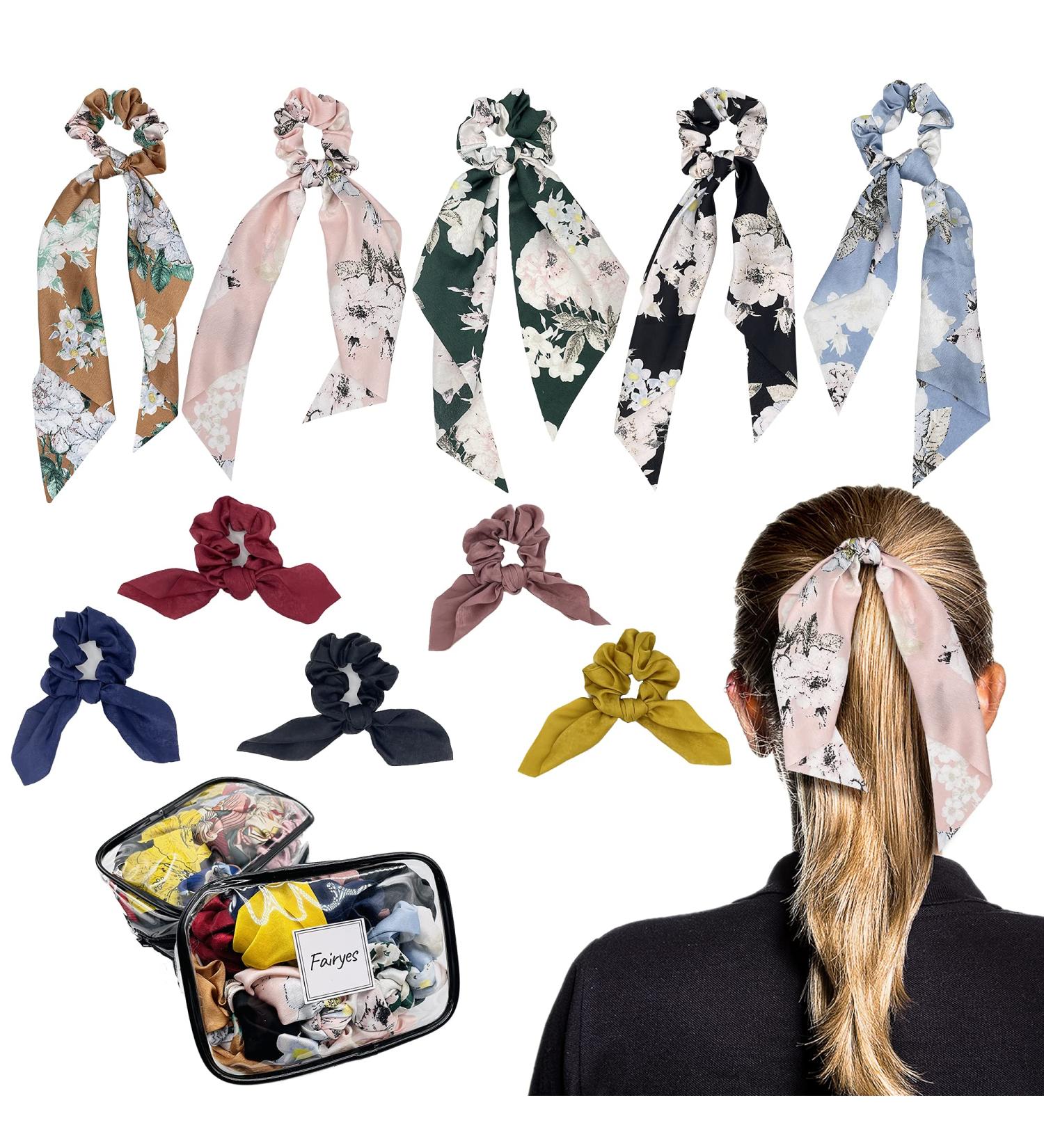10 Pcs Floral Hair Scrunchies with Scarf | Vintage Hair Ribbons for Women and Girls - 2 in 1 Hair Accessories - Buy Online on GoSupps.com