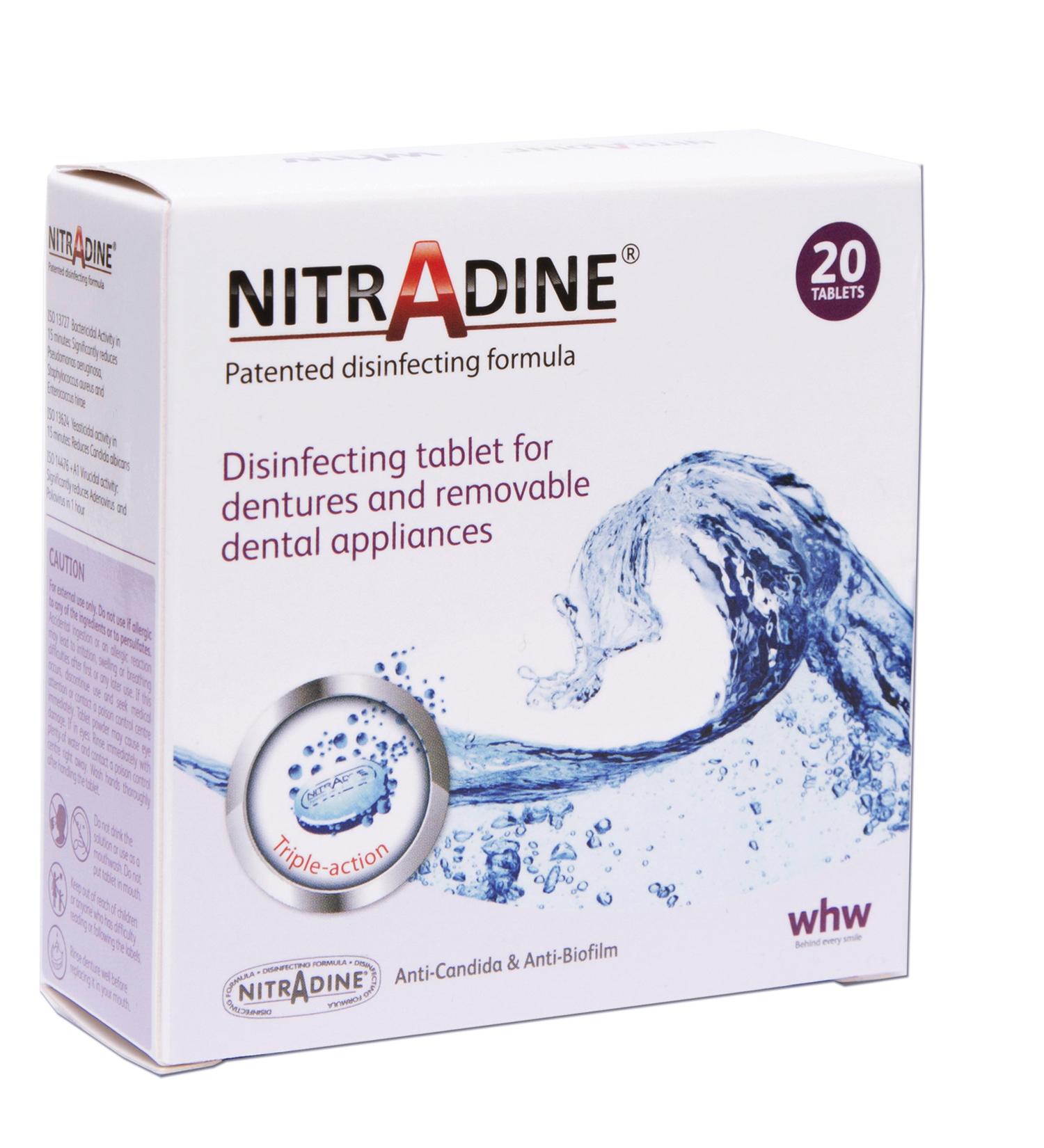 Nitradine - 20 Tablets for Cleaning & Disinfecting Dentures & Orthodontic Dental Appliances - 10 Weeks Supply