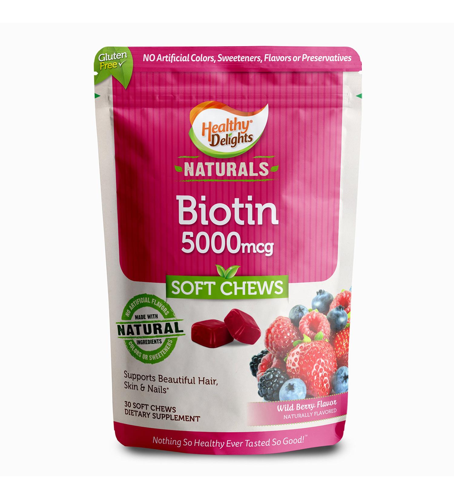 Healthy Delights Naturals Biotin Soft Chews - 30 Count, Wild Berry Flavor | Supports Hair, Skin & Nails - Buy Online on GoSupps.com