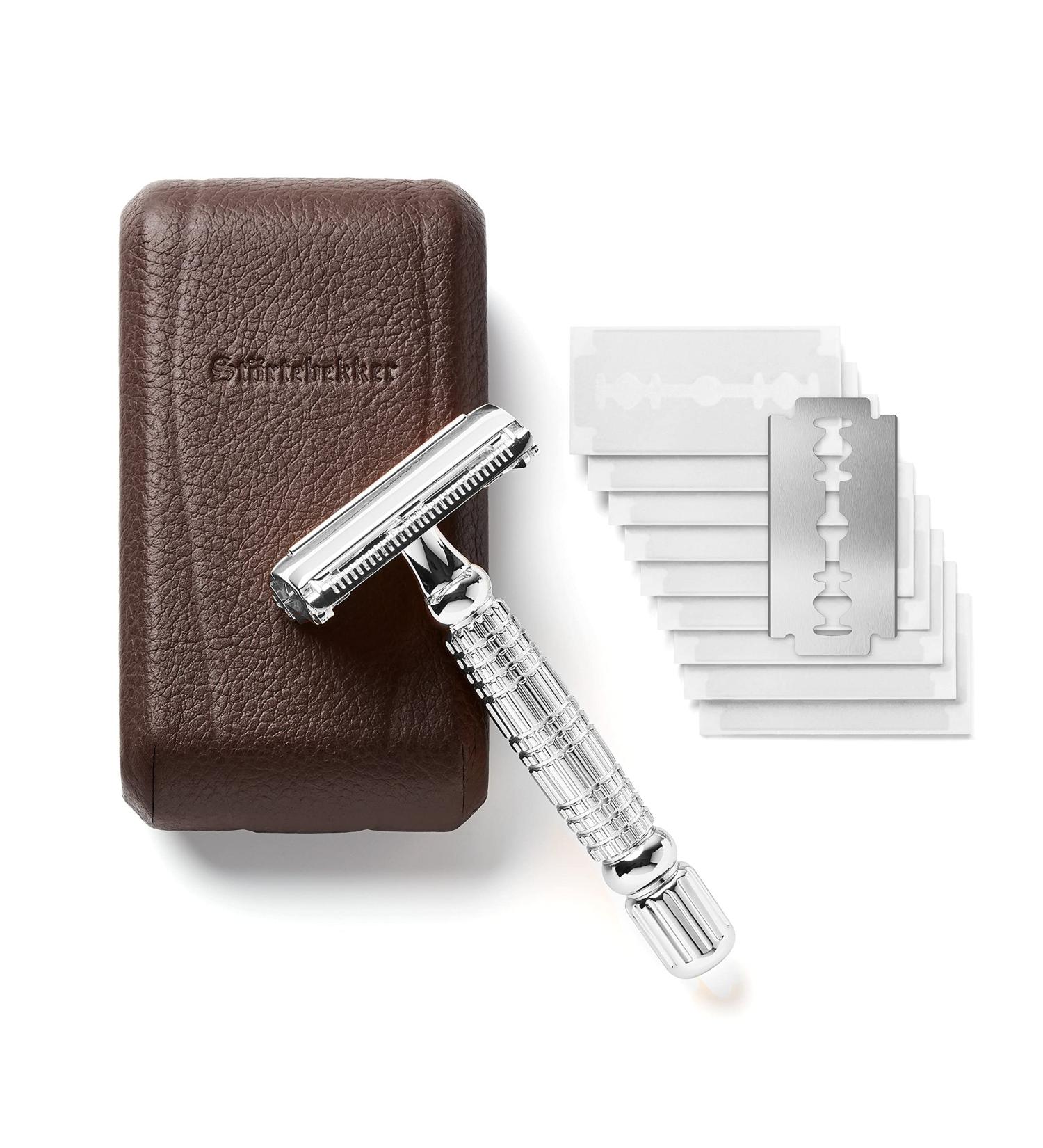 St rtebekker Premium Razor Hobel - Handmade Leather Etui | Travel Razor Set with 10 Blades & Built-in Mirror | Vintage Wet Razor with 2-Page Blade Head - Shop Internationally! - Buy Online on GoSupps.com