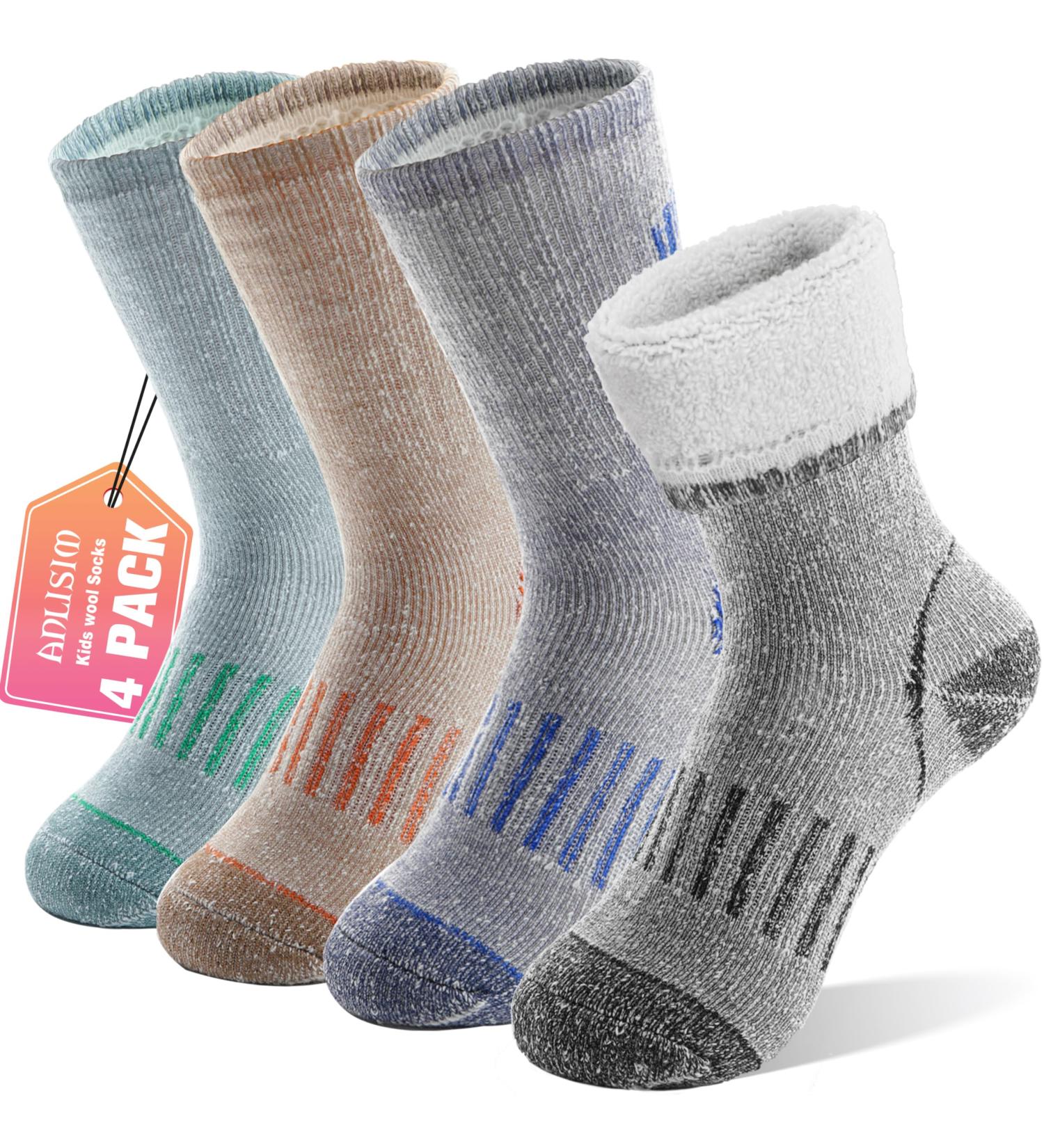 Anlisim Merino Hiking Socks for Kids | Warm & Thick Wool Sports Socks - 4 Couples (34-38) in Green Orange Blue & Gray - Buy Online on GoSupps.com