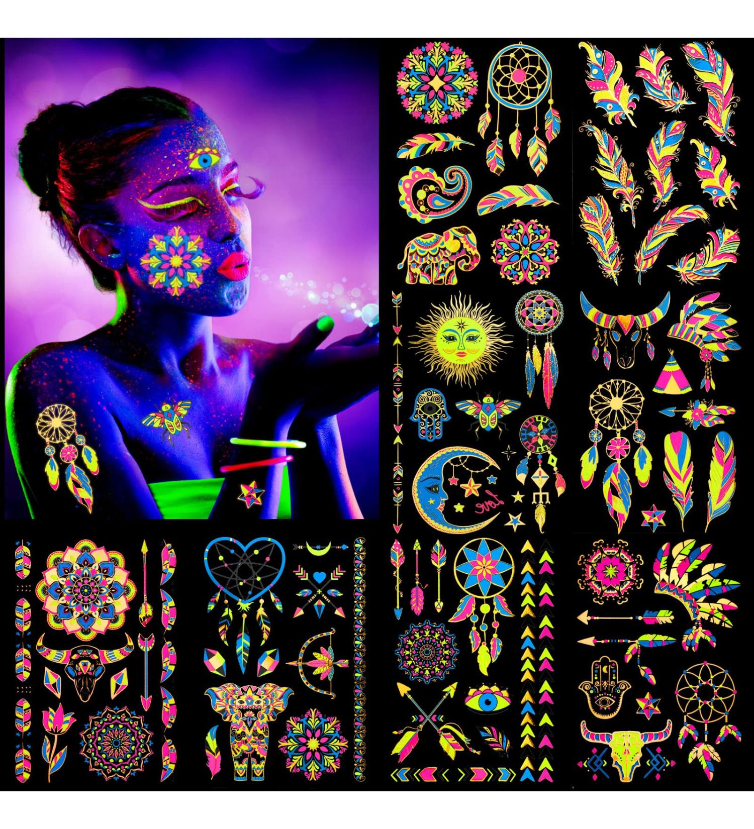 Glow in The Dark Metallic Gold Temporary Tattoos - Assorted Designs for Women Men Girls - Buy Online on GoSupps.com