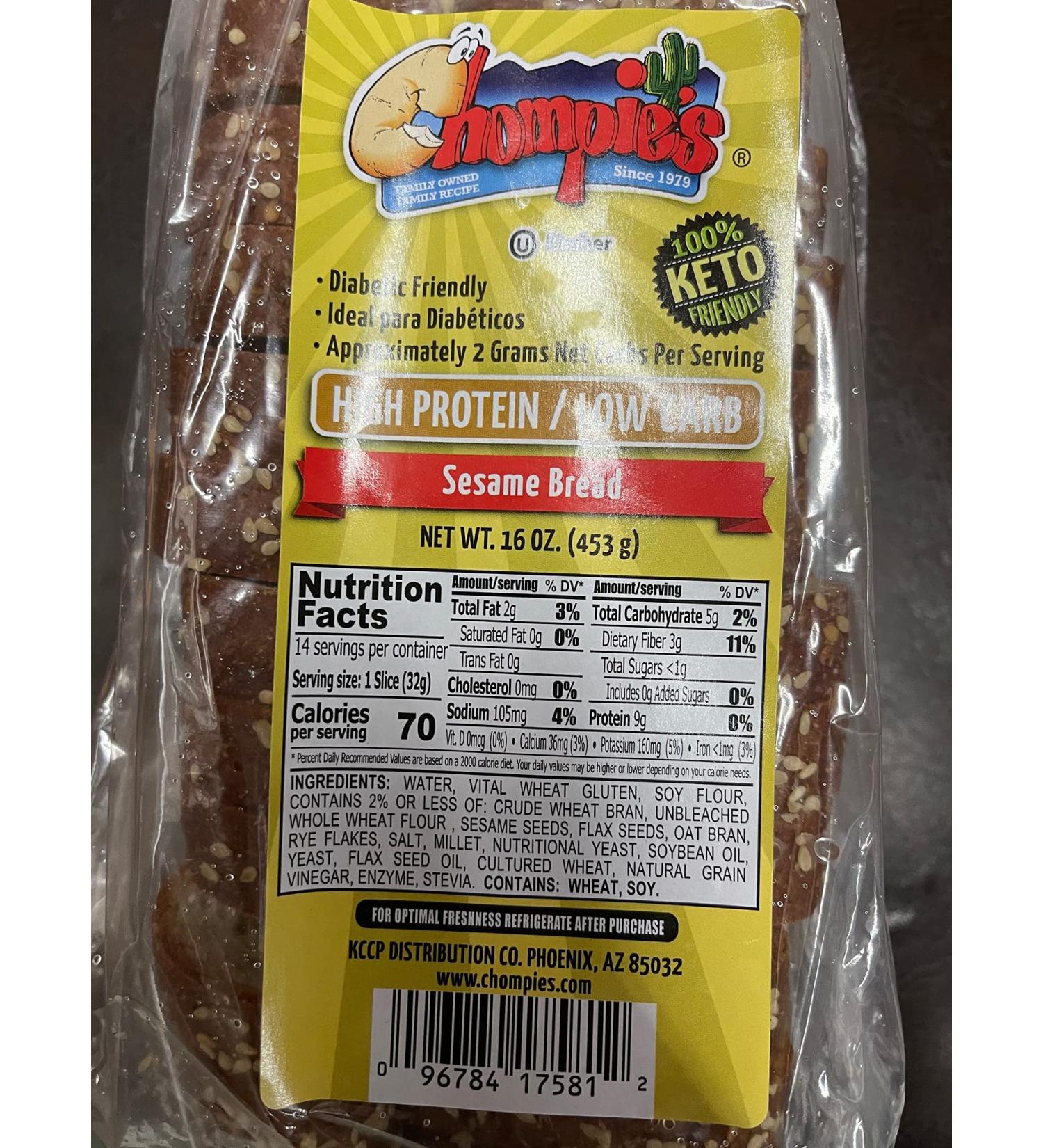 Chompies Sesame Low Carb Bread 2 Loaves