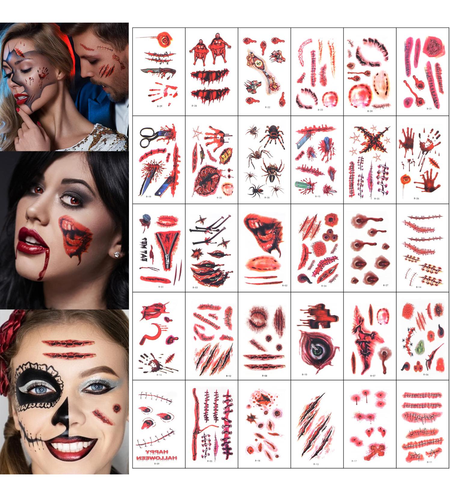 30 Sheets Halloween Zombie Temporary Tattoos - Waterproof Fake Scars with Blood, Stitch Scar, Scab - Perfect for Halloween Party Cosplay - Style 2 - Buy Online on GoSupps.com