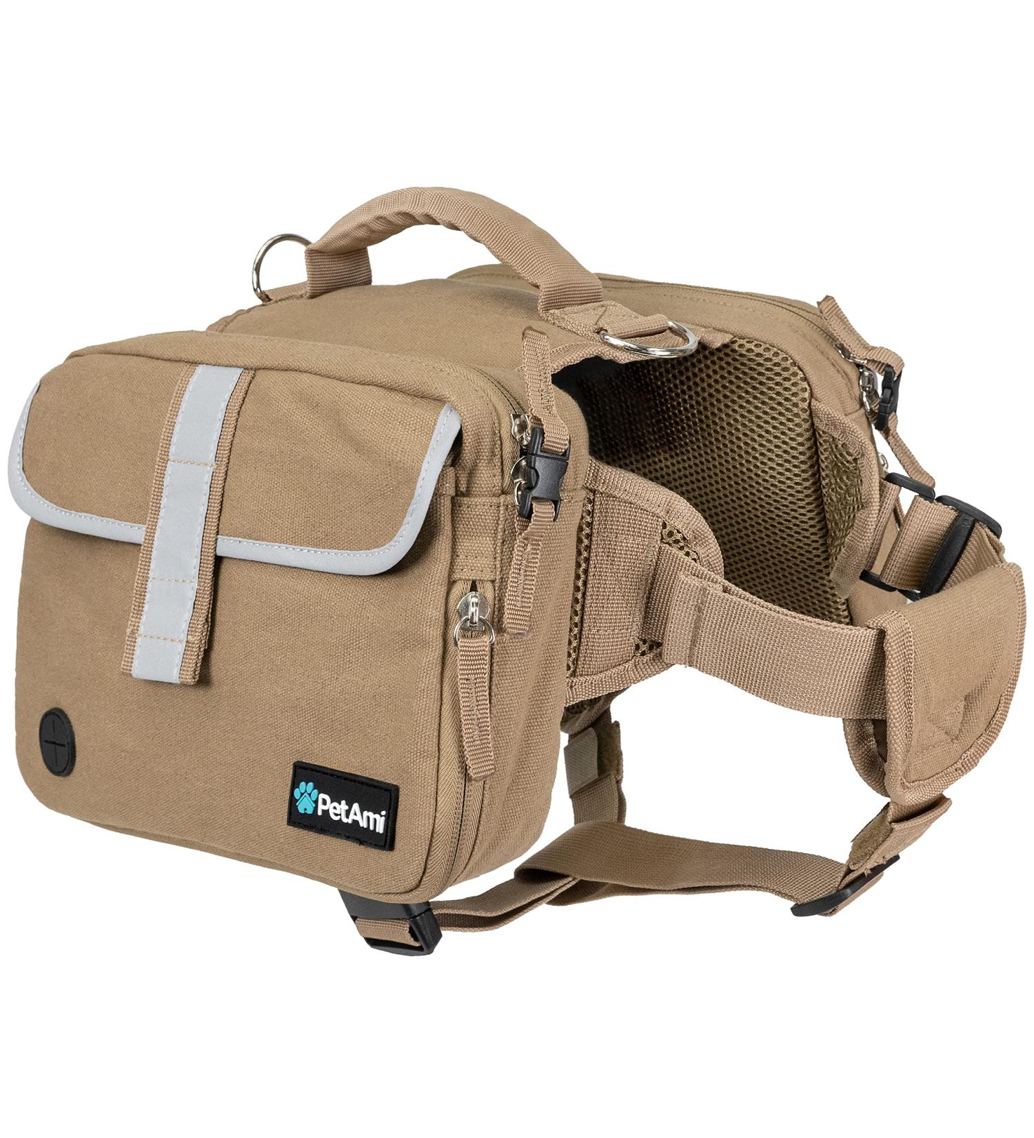 PETAMI Dog Saddle Bag for Medium Dogs - Travel Vest & 100 Socks - Light Brown Canvas - Buy Online on GoSupps.com