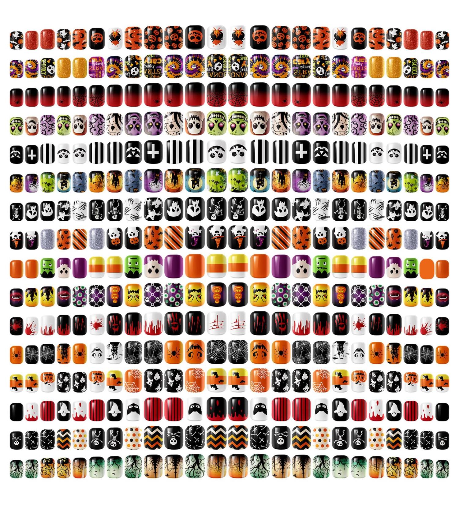384 Pcs Halloween Press On Nails - Ghost Pumpkin & Spider Patterns | Short Coffin Style Nail Tips for Women - Buy Online on GoSupps.com