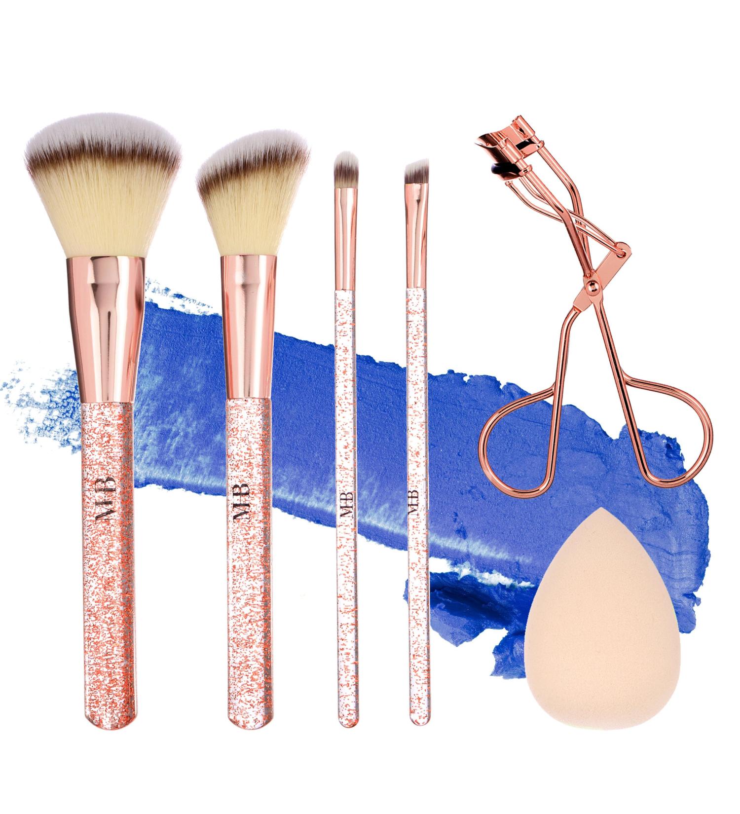 Expressions 6pc Rose Gold Makeup Brush Set with Eyelash Curler & Beauty Blender | Premium Cosmetic Brushes for Contouring & Highlighting - International Shipping Available - Buy Online on GoSupps.com