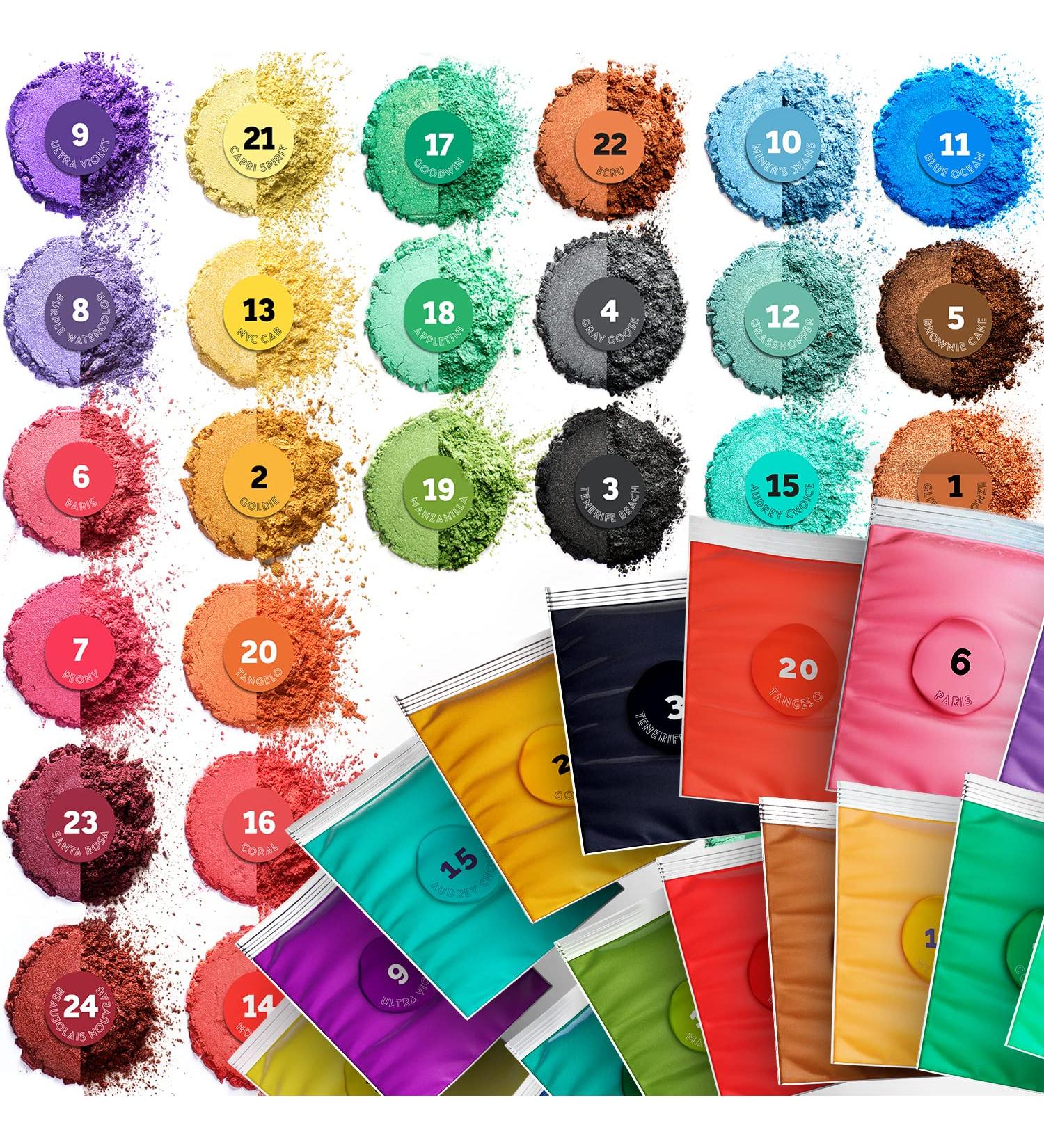 24 Color Set of Cosmetic Grade Mica Powder for Soap Making, Lip Gloss, Candle Making, Resin Art, and More - Organic Coloring Pigment for Epoxy, Body Butter, Bath Bomb - 24*0.15 Oz Bags - Buy Online on GoSupps.com
