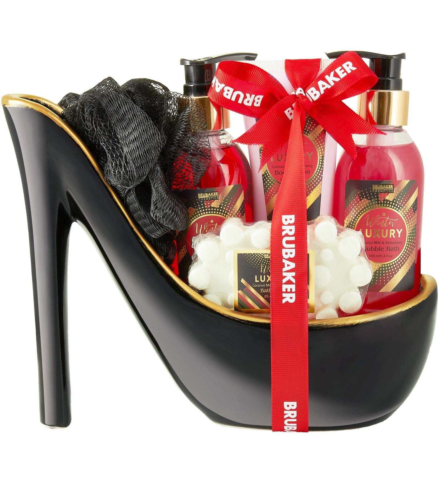 Brubaker Luxury Strawberry & Coconut Milk Beauty Set - 6-Part Bathing & Shower Gift Set in Ceramic Black Gold Stiletto - Buy Online on GoSupps.com