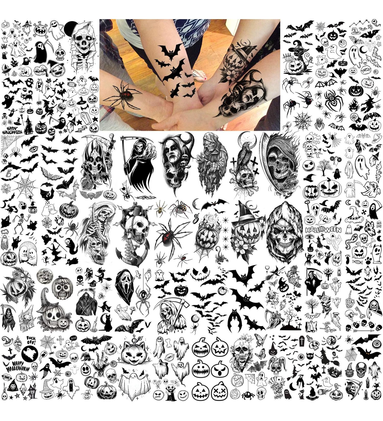 Halloween Temporary Tattoos - 52 Sheets for Kids and Adults | Scary 3D Skull, Skeleton, Ghost, Vampire, Bat, Pumpkin, Spider, Devil Designs - Buy Online on GoSupps.com