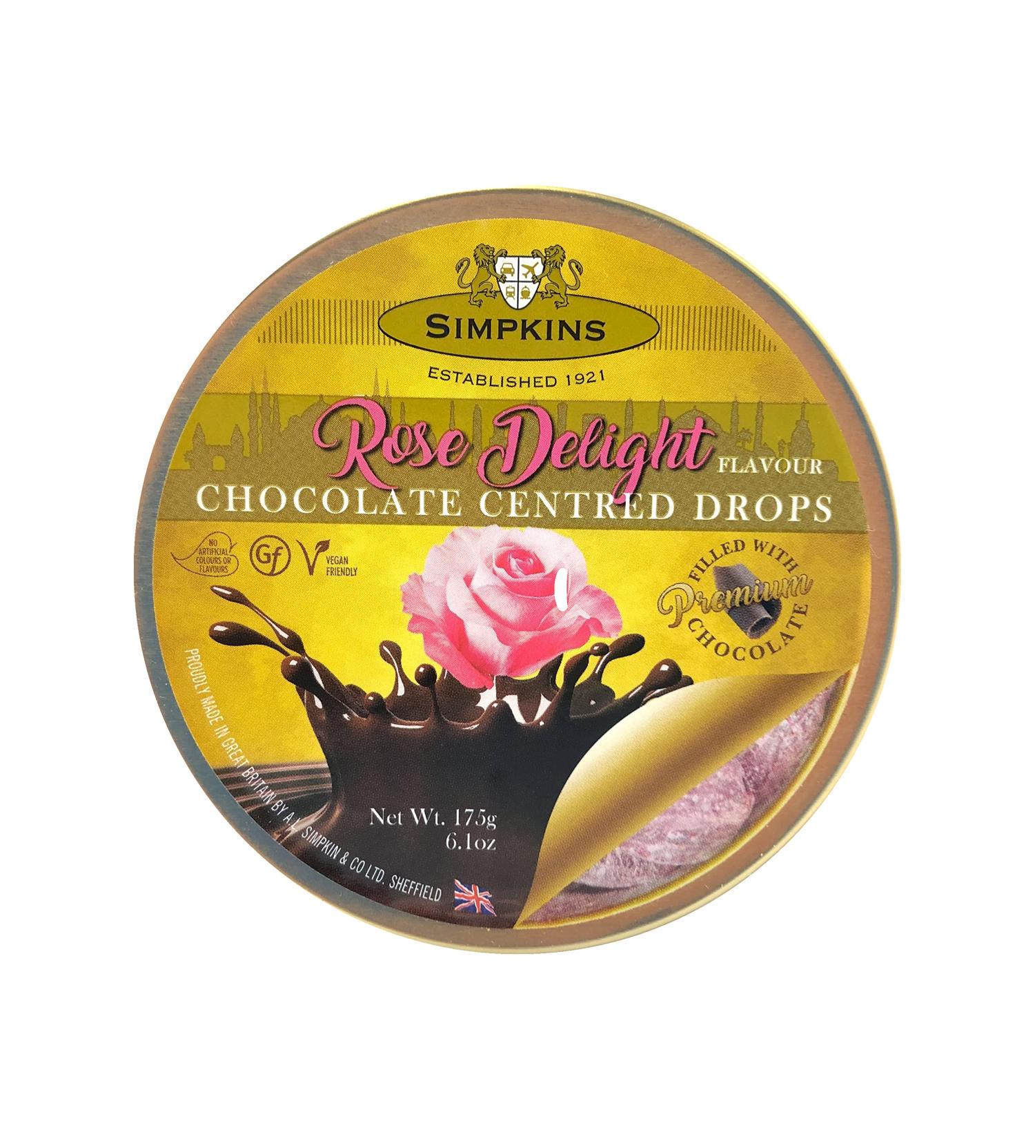 Simpkins Vegan Chocolate Centred Drops Rose Travel Sweet Tin 175 g - Buy Online on GoSupps.com