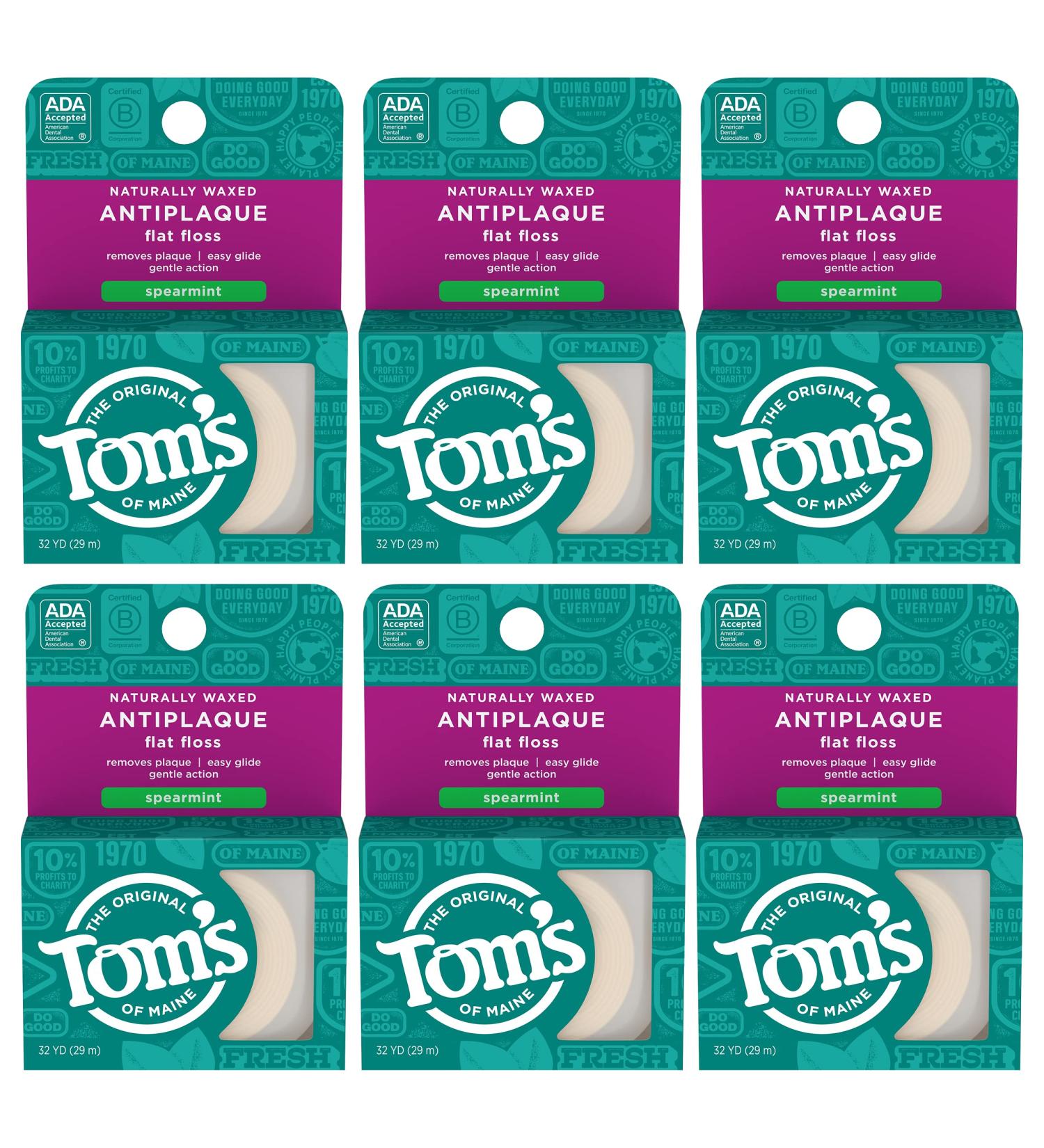 Tom's of Maine Spearmint Dental Floss 32 Yards 6-Pack - Naturally Waxed Antiplaque Flat Floss - Packaging May Vary - Buy Online on GoSupps.com