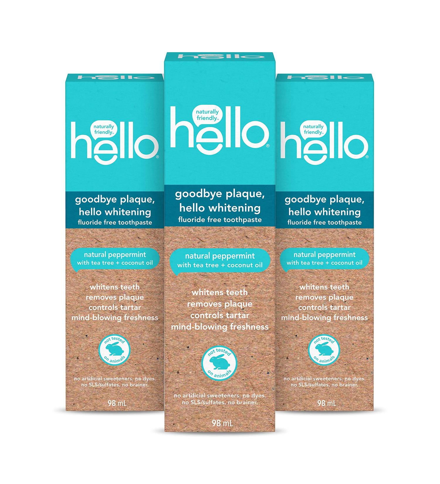 Hello Goodbye Plaque-Hello Whitening Toothpaste Fluoride Free Vegan & Sls Free Natural Peppermint with Tea Tree & Coconut Oil 98ml Pack of 3 Amazon Exclusive Peppermint 32.67 g (Pack of 3) - Buy Online on GoSupps.com