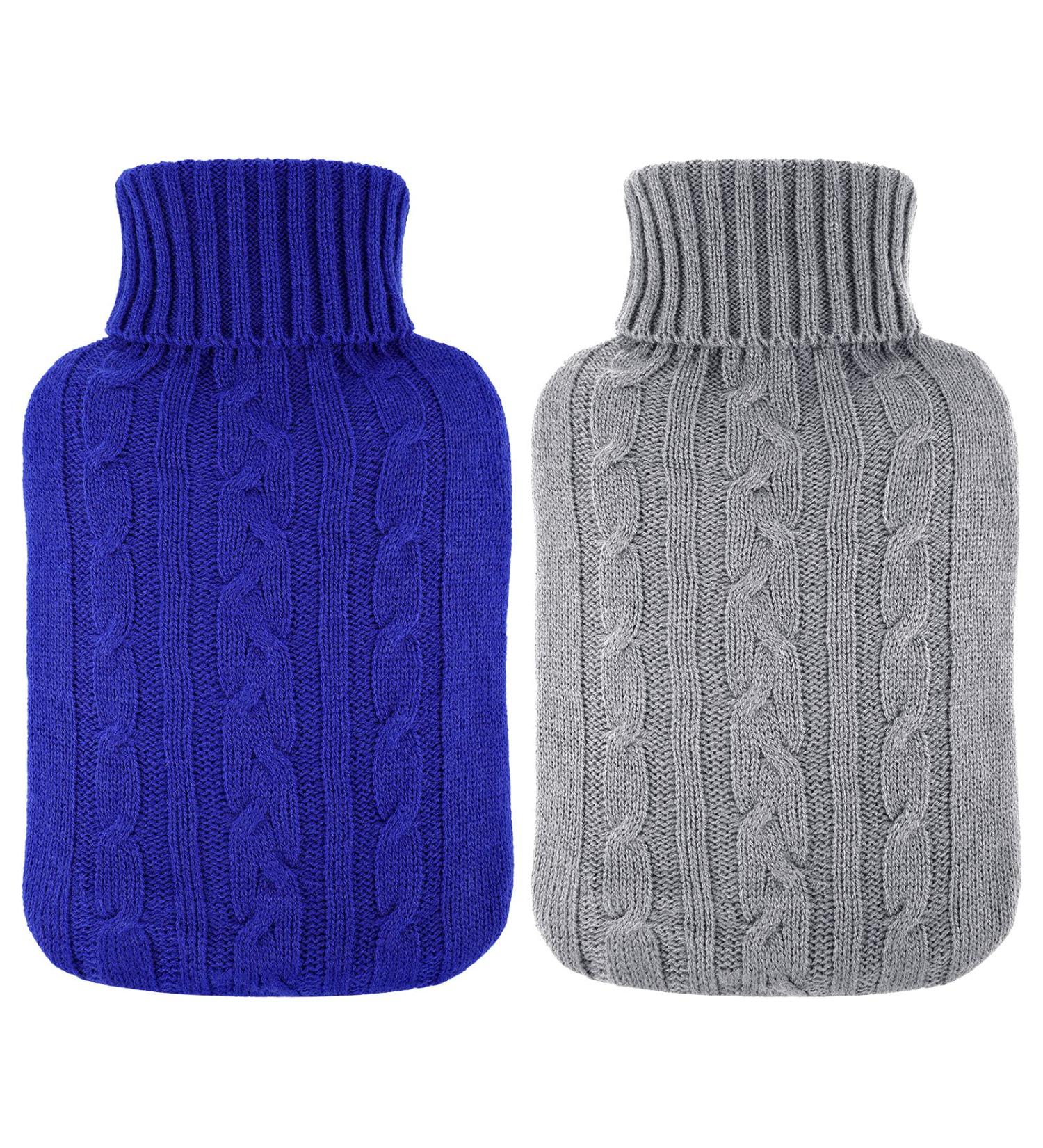 Knitted Hot Water Bottle Cover - 2 Pack - Ideal for Menstrual Cramps & Pain Relief - Royalblue/Grey - 2000 ml - Buy Online on GoSupps.com