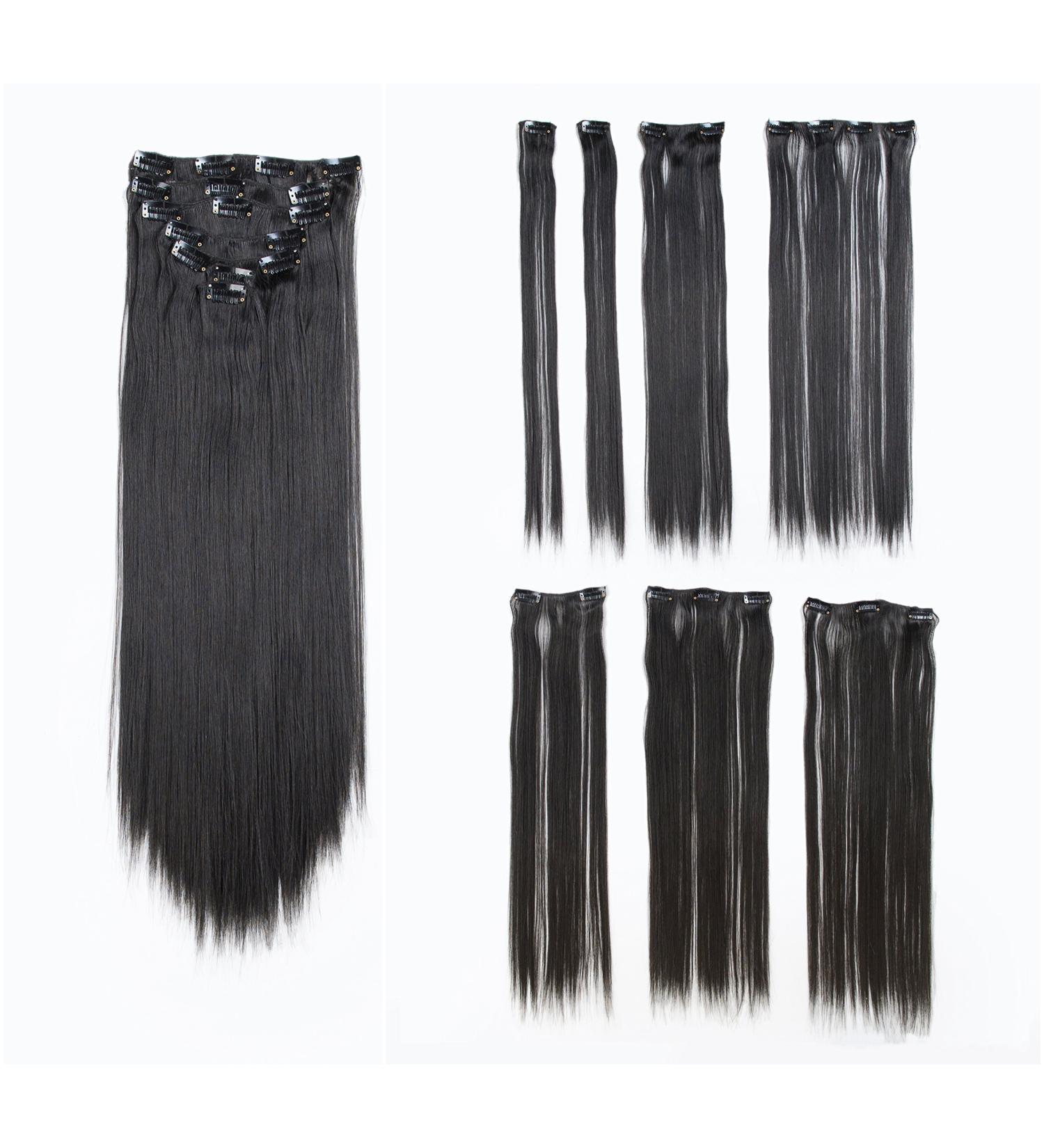 SWACC Women 22 Straight Full Head 7Pcs Synthetic Hair Extensions, Heat Resistant Clip-Ins (1B-Off Black) - Buy Online on GoSupps.com