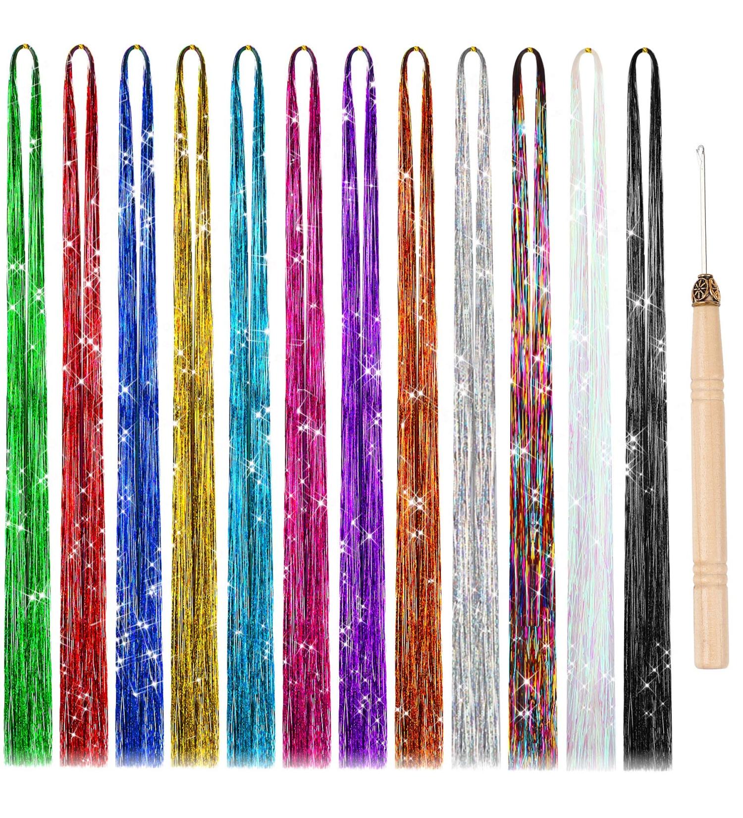 47 Inches Hair Extensions: 12 Colors Holographic Glitter Fairy Tinsel Kit for Women & Girls - Hair Accessories for Sparkles at Halloween, Christmas, New Year, Cosplay Party - Buy Online on GoSupps.com