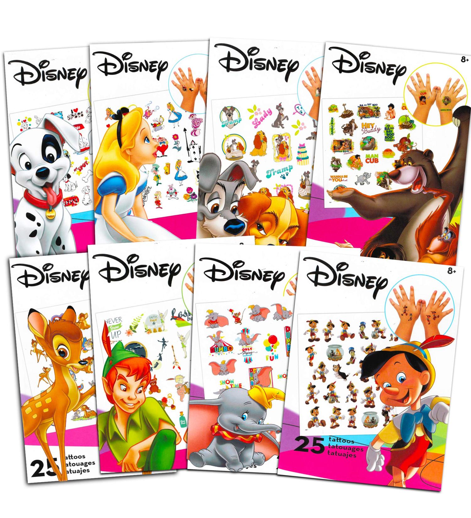 Classic Disney Tattoos Party Favors Mega Assortment   Bundle Includes 8 Disney Temporary Tattoo Sheets Featuring Peter Pan  101 Dalmatians  Bambi  Jungle Book and More (Over 200 Tattoos!)