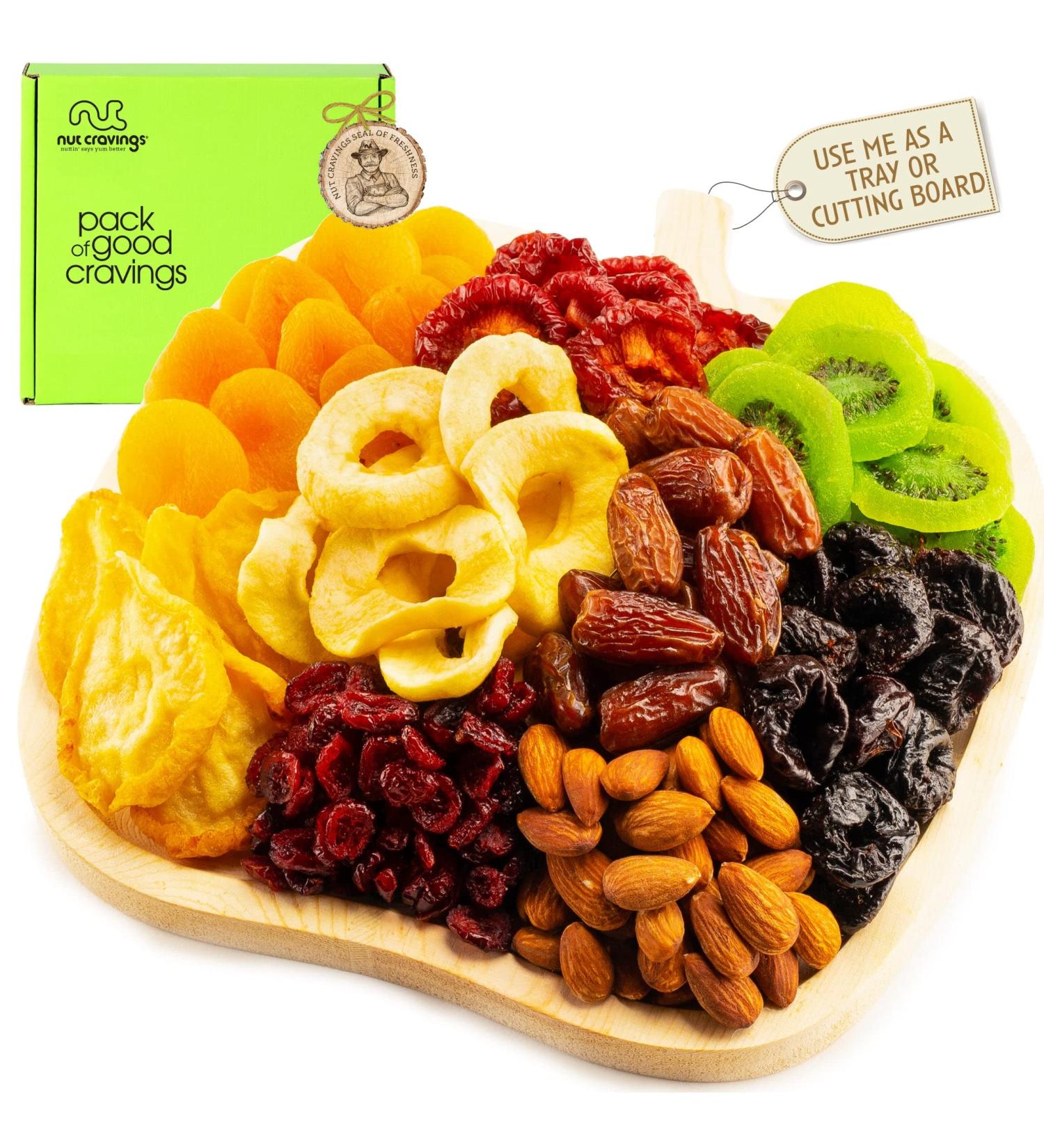Dried Fruit & Nuts Gift Basket in Wooden Apple Tray + Green Ribbon - 9 Assortments | Holiday & Birthday Gourmet Arrangement | Healthy Kosher Snack Box - Buy Online on GoSupps.com