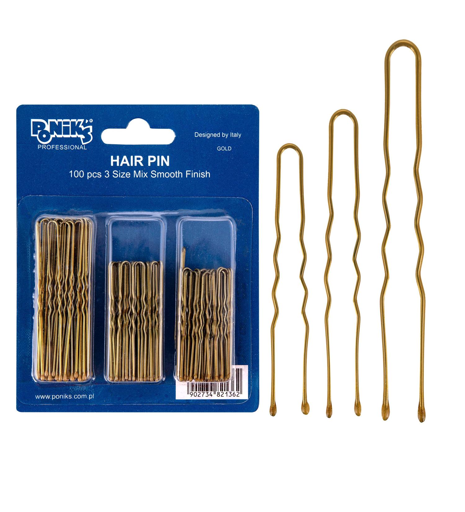 Poniks Metal Hairpins - Gold Hair Clips & Bobby Pins (100 Pieces 3 Sizes) | Perfect U-Shape Hair Accessories for Any Hairstyle - Buy Online on GoSupps.com