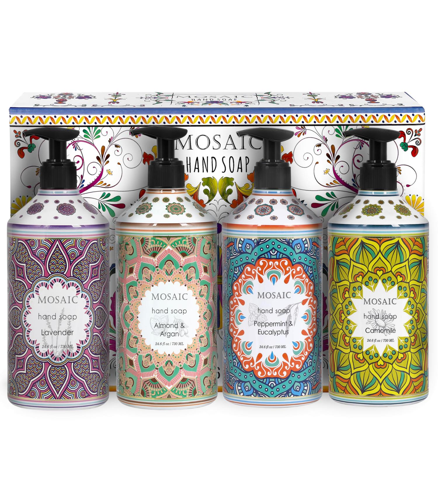 AnatoliaDaphne Mosaic Liquid Hand Soap Gift Set - 4 Luxurious Scents: Lavender Almond & Argan Peppermint & Eucalyptus Camomile - Ideal for Bathroom & Kitchen - 24.6 fl oz Each - Buy Online on GoSupps.com