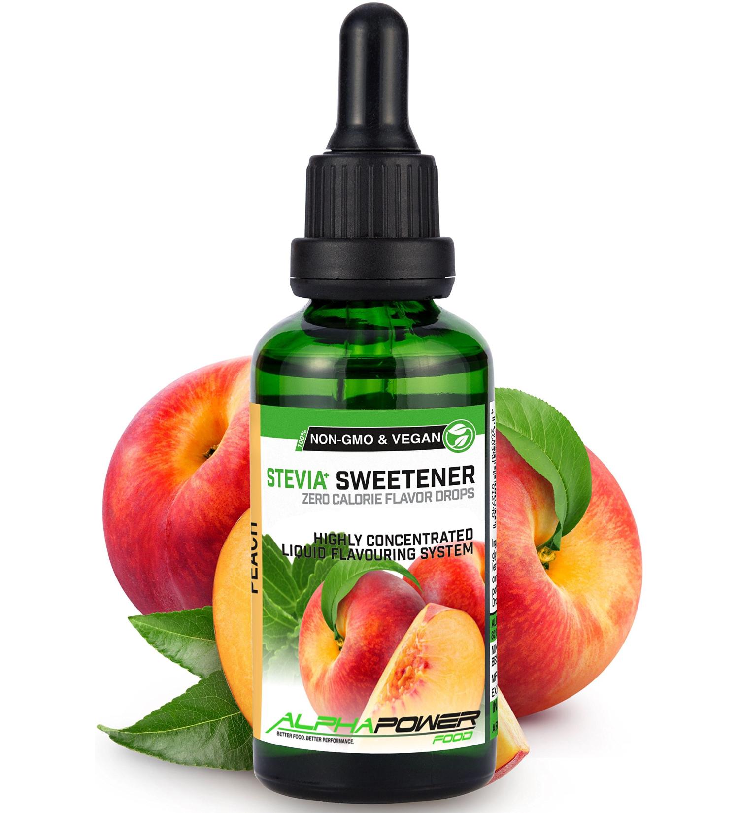 Alphapower Food Stevia Sugar-Free Flavor Drops | Natural Peach Aroma Liquid 50ml - Sugar Substitute for Water Muesli Desserts & Smoothies - Buy Online on GoSupps.com