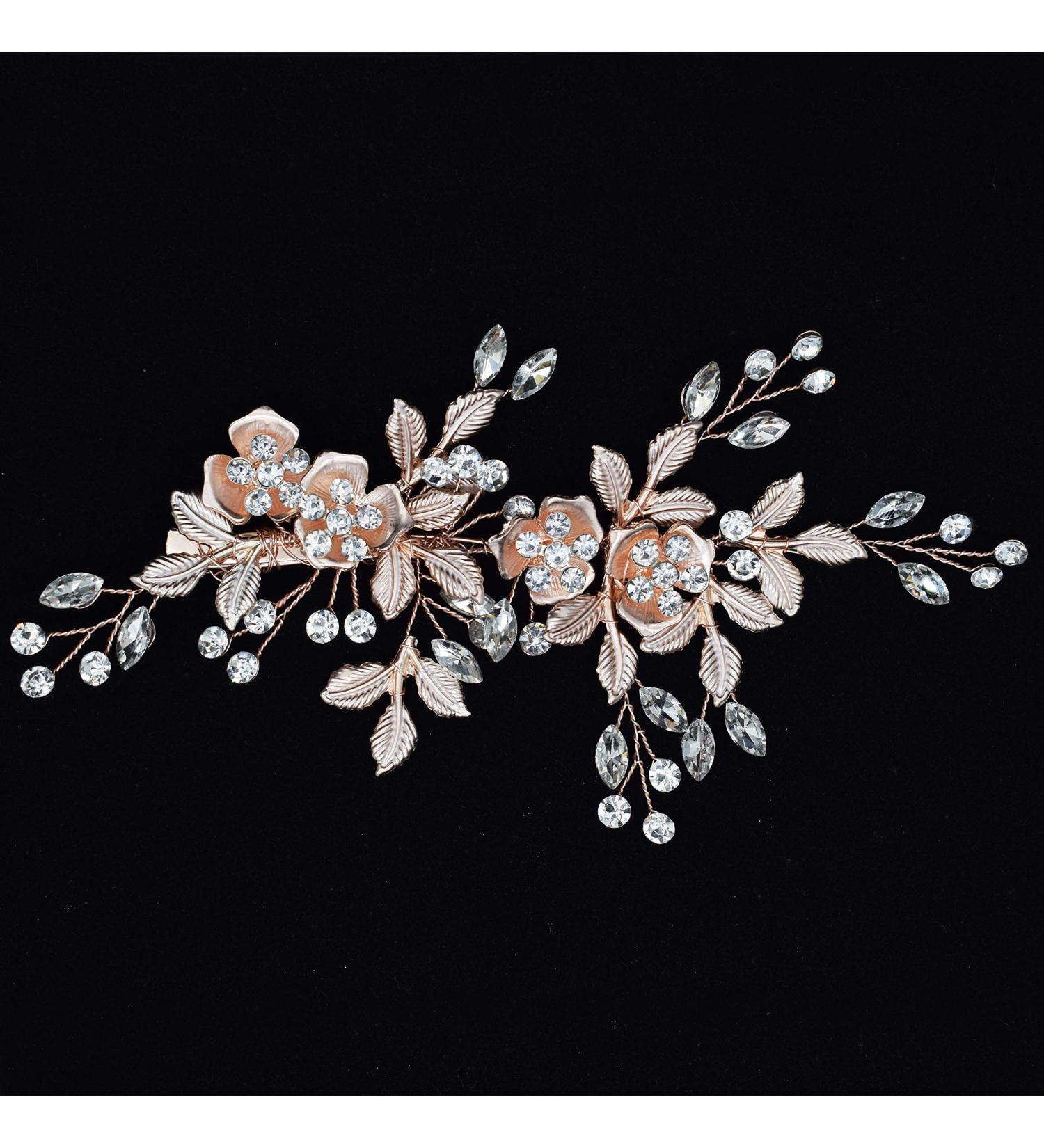 Rose Gold Wedding Hair Clip - Handmade Bridal Headpiece with Rhinestone Crystals - Buy Online on GoSupps.com
