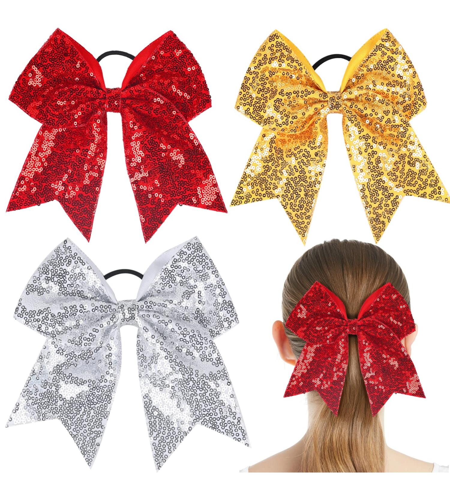 Glitter Sequin Cheer Bow Hair Ties - Christmas Sparkly Ponytail Holder for Girls, Women, Teens - Red Gold Silver Elastic Band Cheerleader Decor - Sports Party Favor Gift - Buy Online on GoSupps.com