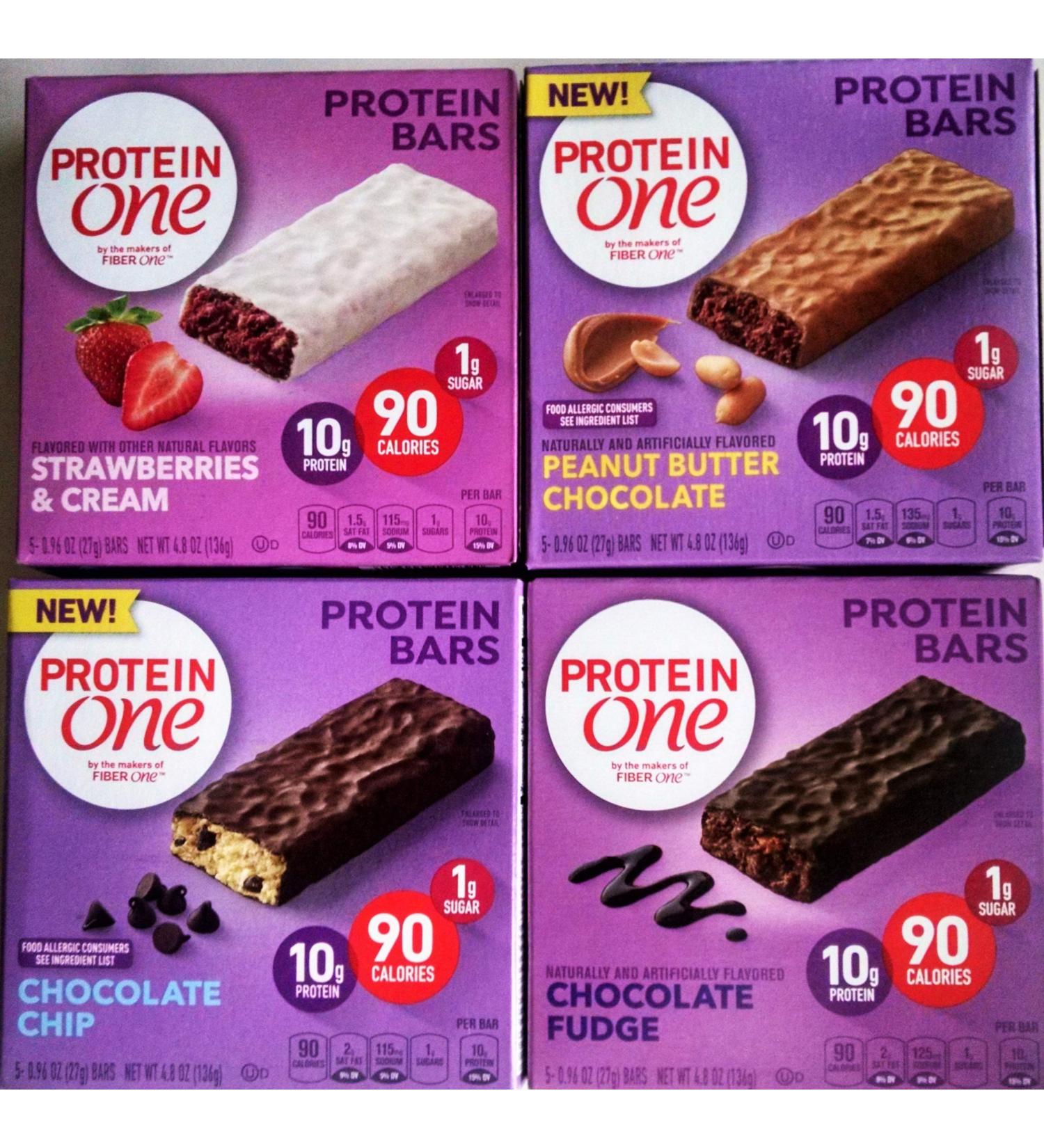 Protein One Protein Bars Variety - Chocolate Fudge, Chocolate Chip, Strawberries and Cream, and Peanut Butter Chocolate, 4 Pack