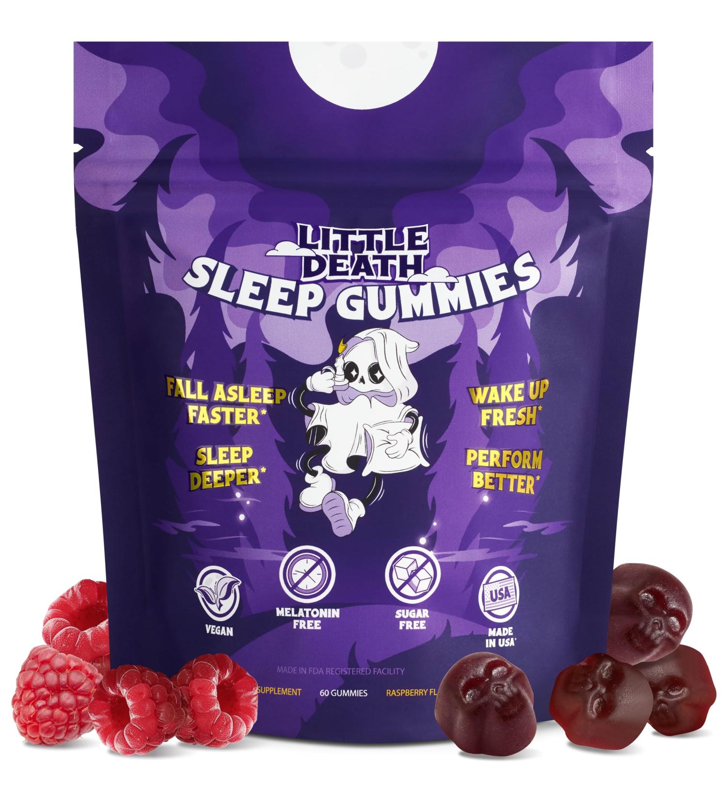LITTLE DEATH Deep Sleep Gummies, 60 Pcs. 50 mg. Magnesium, Ashwagandha, Chamomile, Vitamin B6 Raspberry Flavor Melatonin Free, Sugar Free, Vegan, Made in USA - Buy Online on GoSupps.com