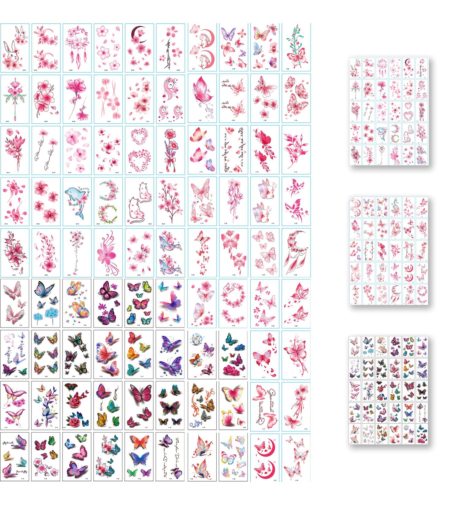 YUNAI 90 Sheets Temporary Tattoos for Women - Pink 3D Flowers, Butterflies, and Mixed Style Designs, Realistic Watercolor Floral Fake Tattoos - Body Art for Finger, Neck, and Arm - Buy Online on GoSupps.com