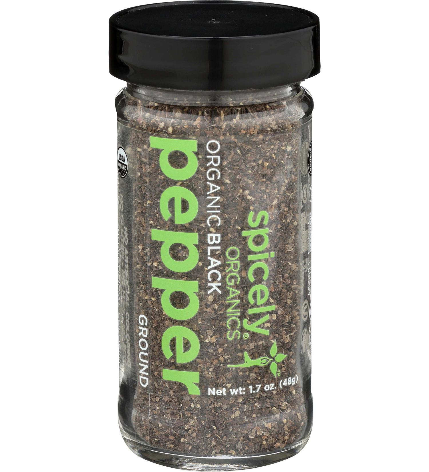 Spicely Organic Peppercorn Black Ground (28 Mesh) 1.70 Ounce Jar Certified Gluten Free 1.7 Ounce (Pack of 1)