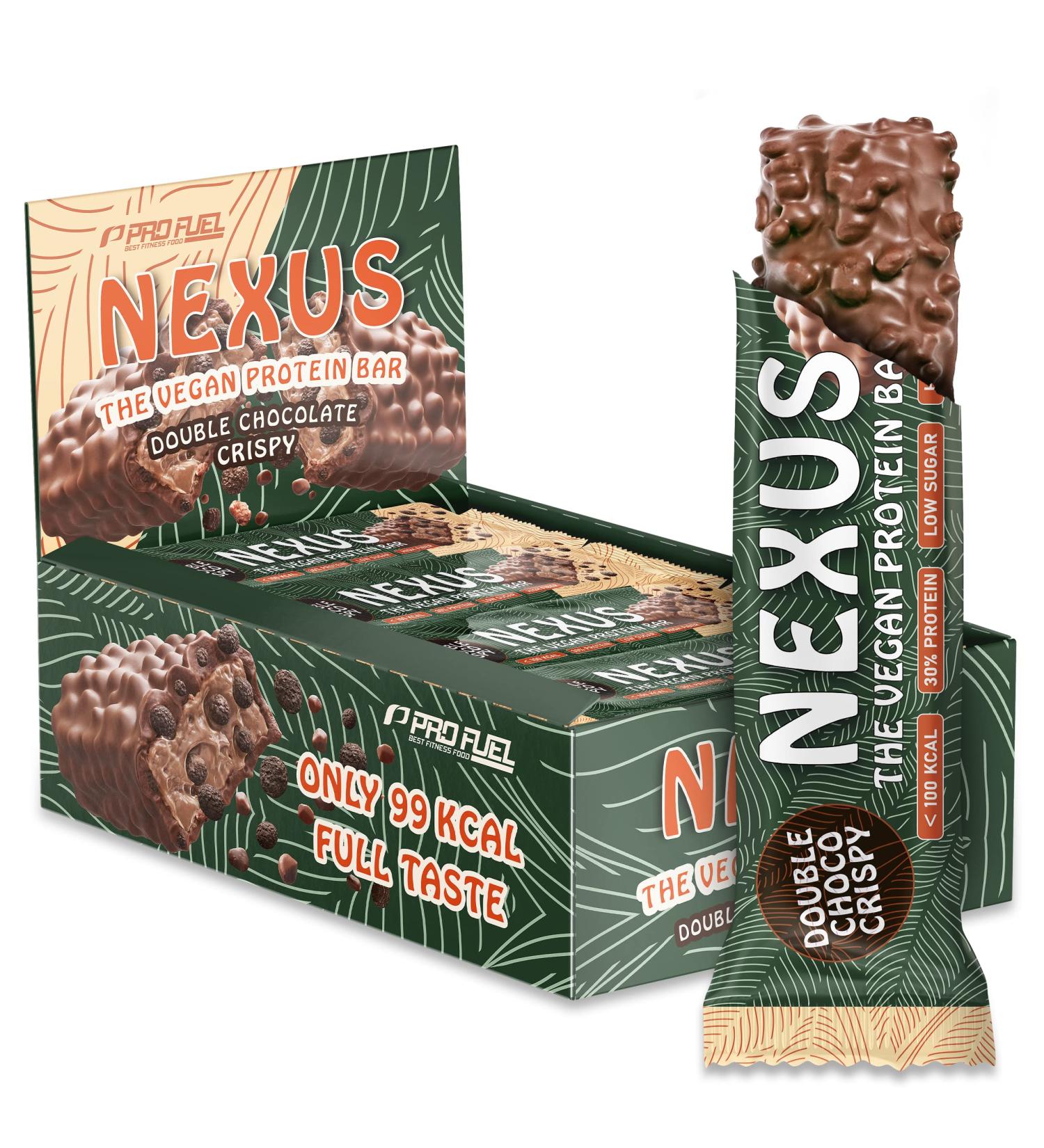 Buy Vegan Double Choco Crispy Protein Bars - 30% Protein Low Calorie High Fiber - 12x30g Nexus Protein Pack - Buy Online on GoSupps.com