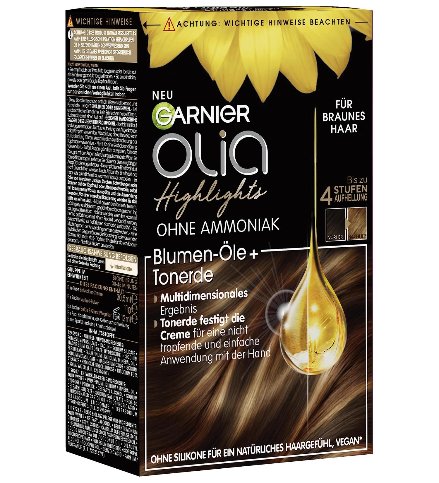 Garnier Hair Colour Set for Highlights and Highlights in Brown Hair with Flower Oils and Clay No Ammonia and Silicone Up to 4 Levels of Lightening Olia Brown - Buy Online on GoSupps.com
