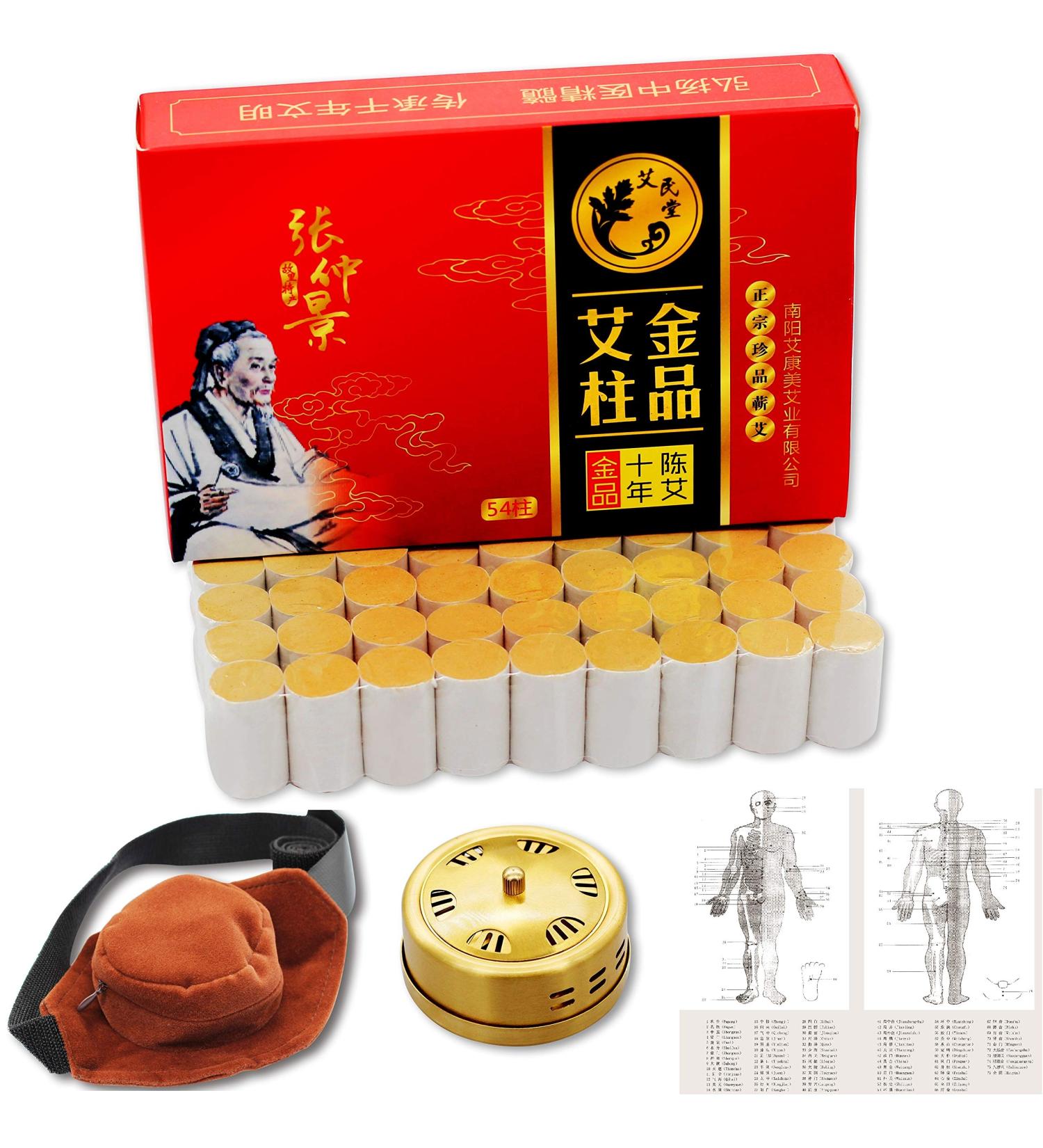 Pure Moxibustion Set - 10 Year Purity, 60:1 Ratio, 54 Rolls Sticks, Portable Smokeless Mugwort Moxa Box, Acupoint Map - 57 Piece Set - Buy Online on GoSupps.com